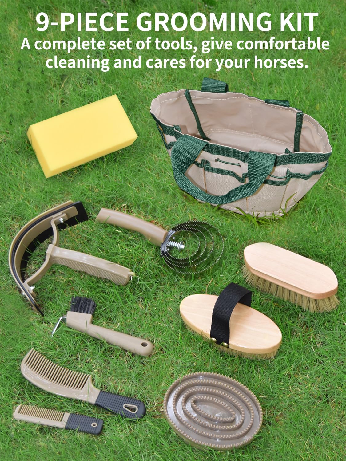 inoreal 9 Pieces Horse Grooming Kit with Organizer Tote Bag, Horse Brushes for Grooming and Bathing, Professional Equine Coat Ca