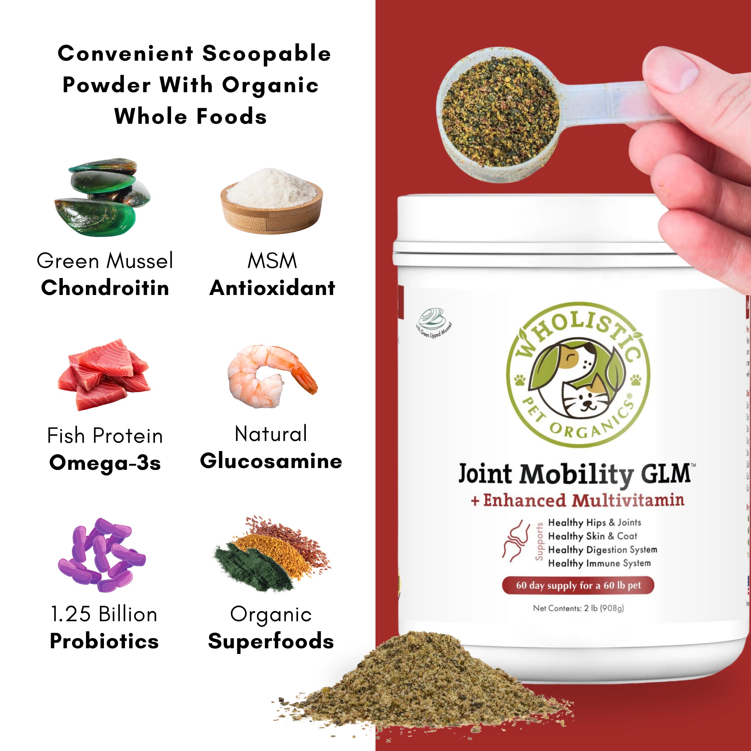 Wholistic Pet Organics Joint Mobility GLM - 2 Lb - Hip and Joint Supplement for Dogs - Glucosamine for Dogs - Chondroitin Supple
