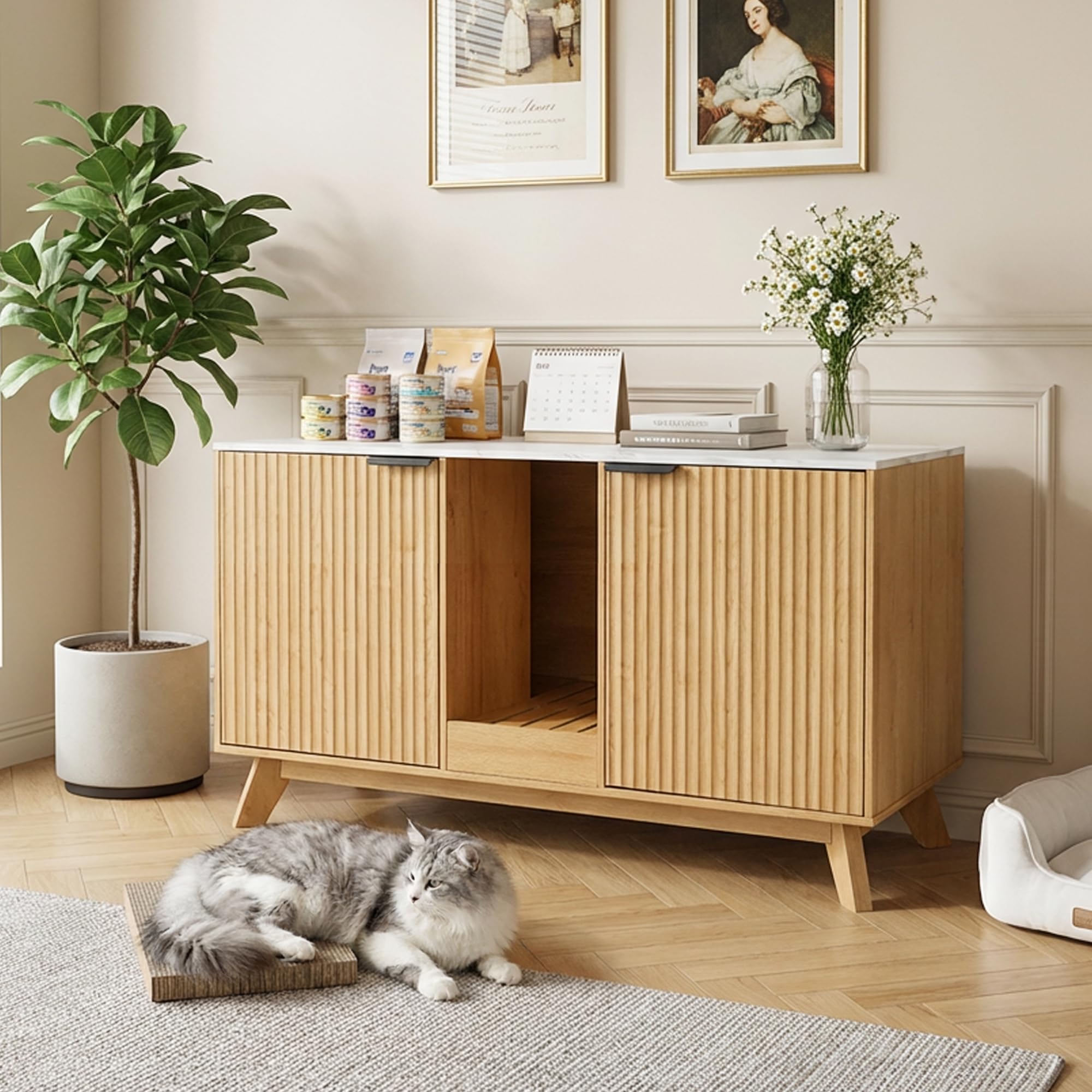 Seang Double Cat Litter Box Enclosure for 2 Cats,Fluted Hidden Litter Box Furniture with Litter Collector & Scratch Pad,47 Large
