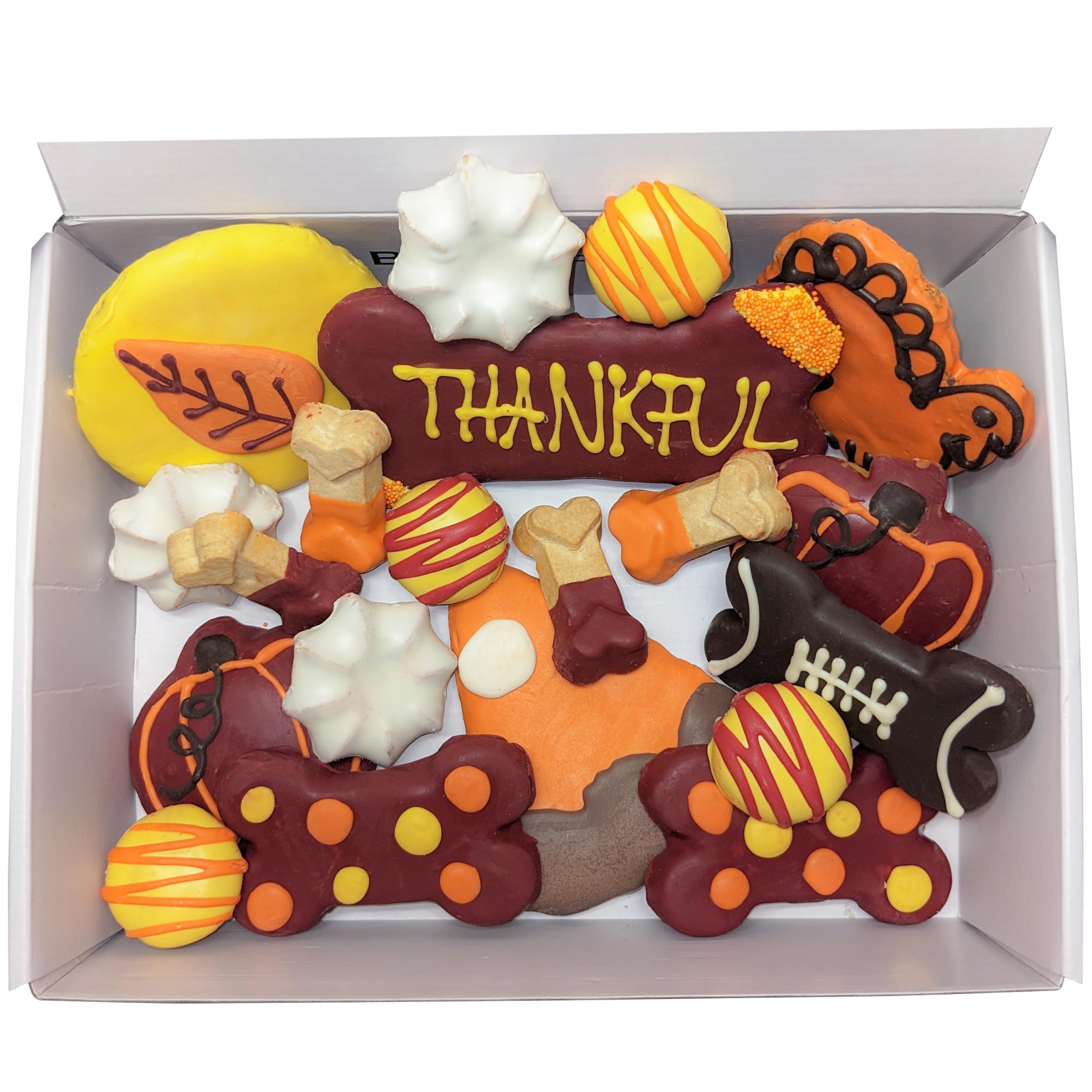 Bonne et Filou Thankful Dog Treats, Gourmet Gift Box, 22 Festive Fall Themed Macarons, Truffles & Bone Cookies, Healthy Snacks f