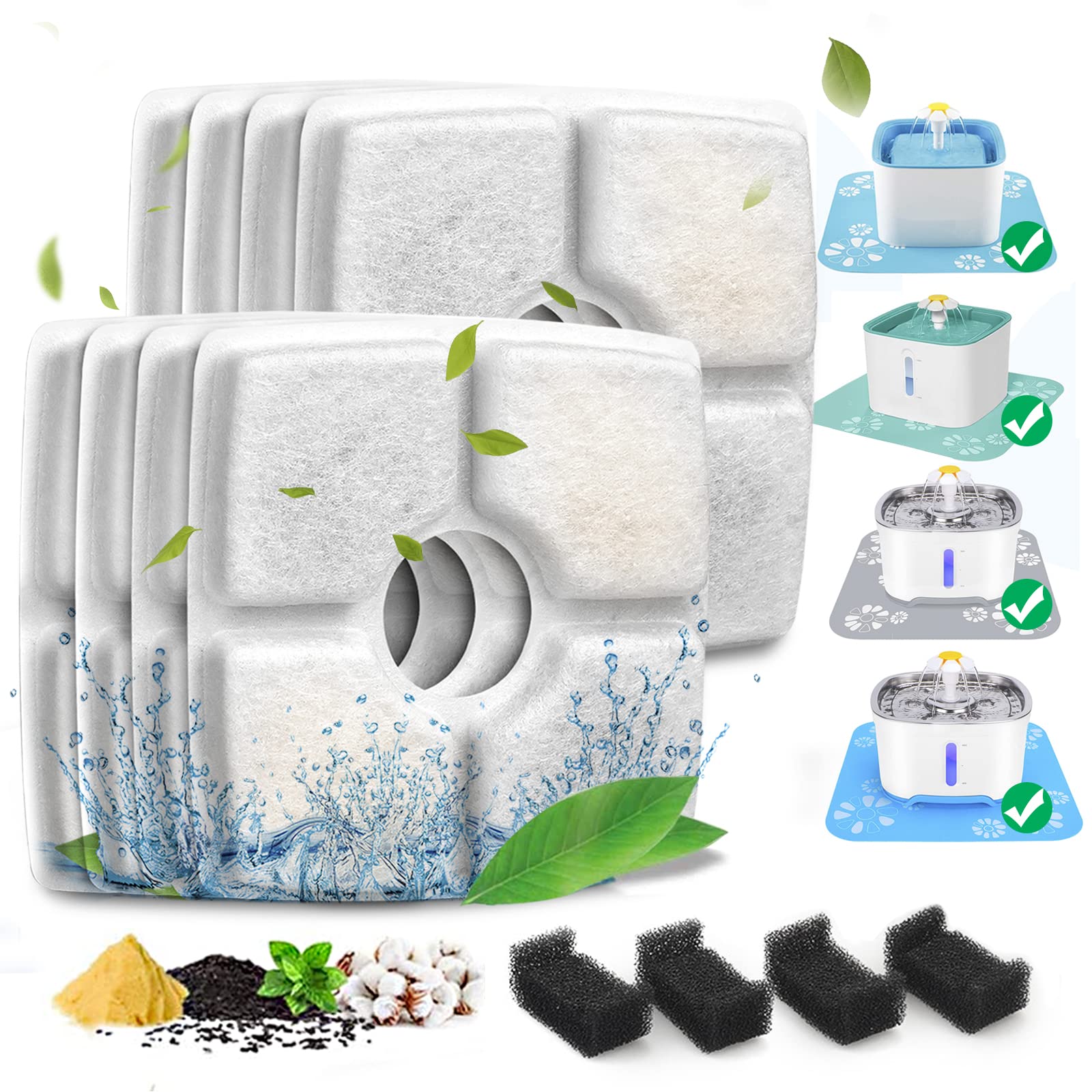 Cat Water Fountain Filter,Cat Fountain Filters Replacement Filters For 84Oz/2.5L Automatic Pet Water Fountain Dispenser,Cotton Activated Carbon Water Fountain Filter And Foam Filter (Square 8+4 Pack)