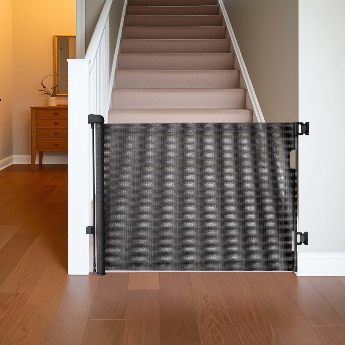 Hardware Mount Retractable Baby Gates for Stairs with Auto-Lock,33'' Tall,Extends up to 55'' Wide Mesh Double Lock Safety Baby D