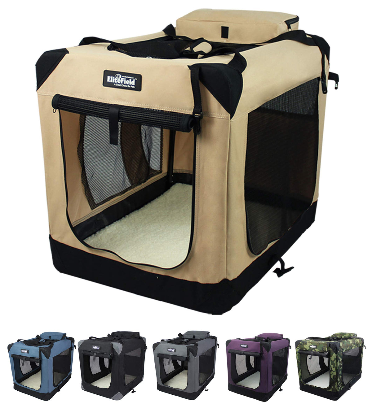 Elitefield 3-Door Folding Soft Dog Crate With Carrying Bag And Fleece Bed (2 Year Warranty), Indoor & Outdoor Pet Home (20' L X 14' W X 14' H, Beige)