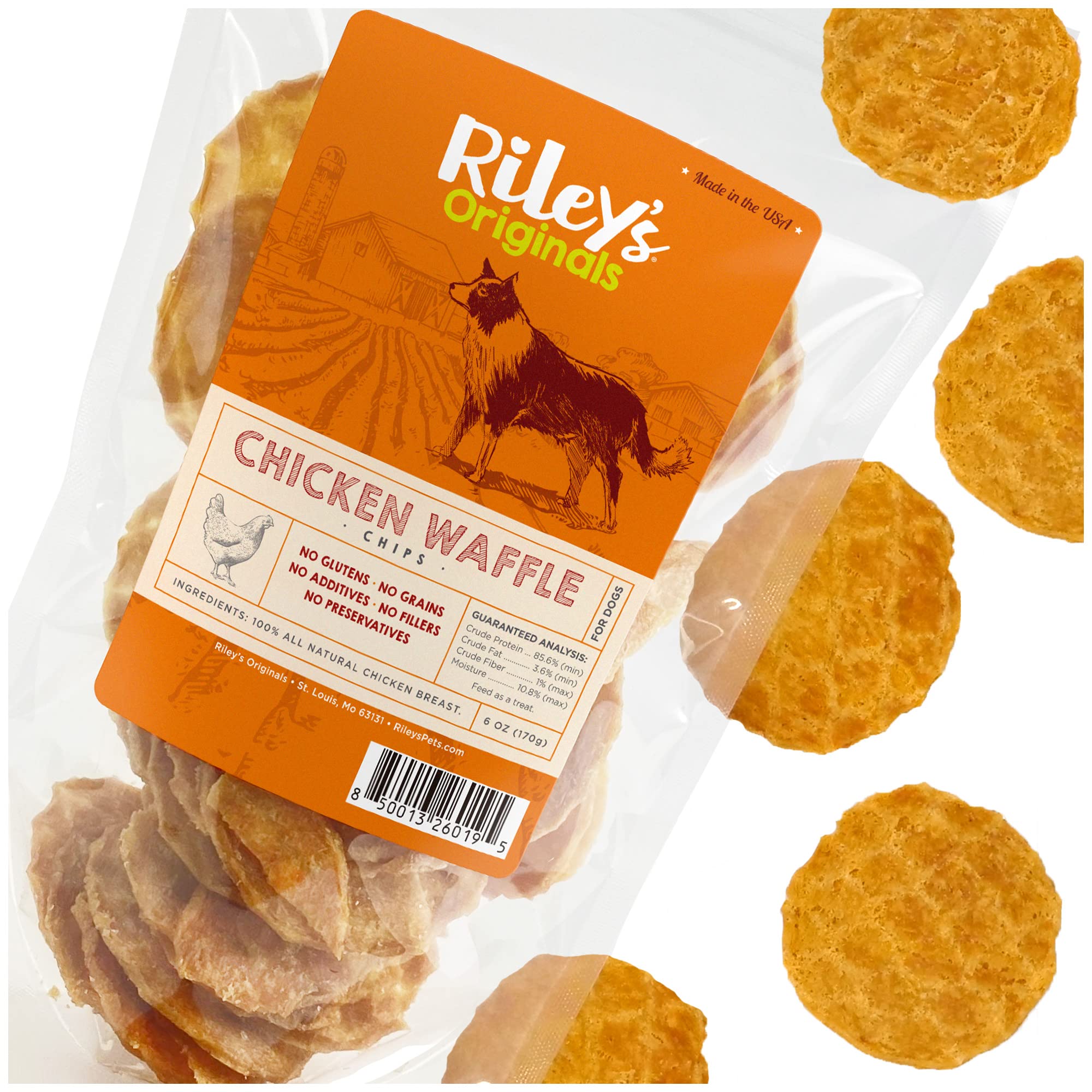 Rileys Waffles Chicken Chips for Dogs - USA Sourced 100% Chicken Breast - Dehydrated and Lean Jerky Treats - Single Ingredient 