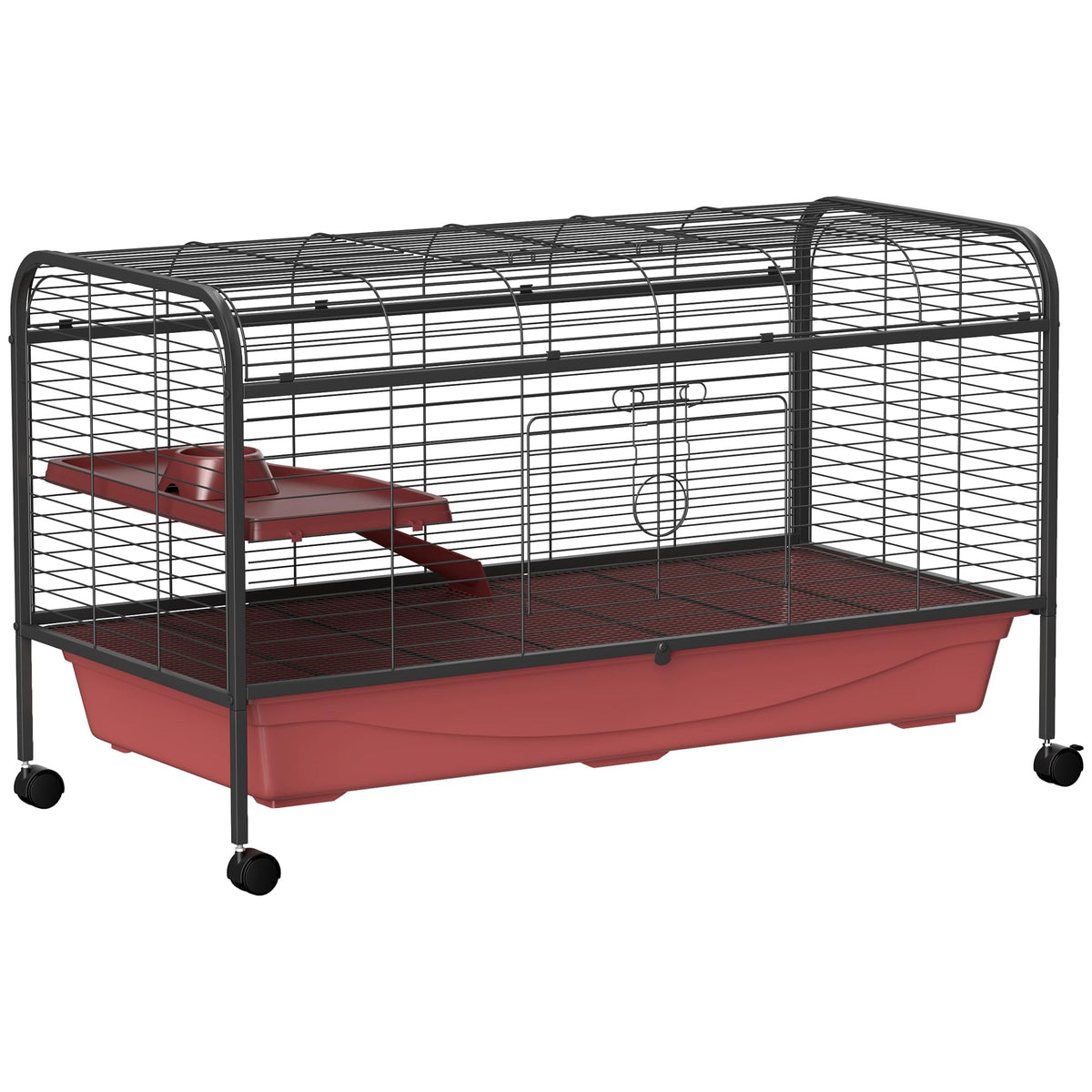 Pawhut 48'' L Small Animal Cage, Rabbit Hutch, Or Ferret Pet Play House With Feeder, Rolling Wheels, Platform, Ramp