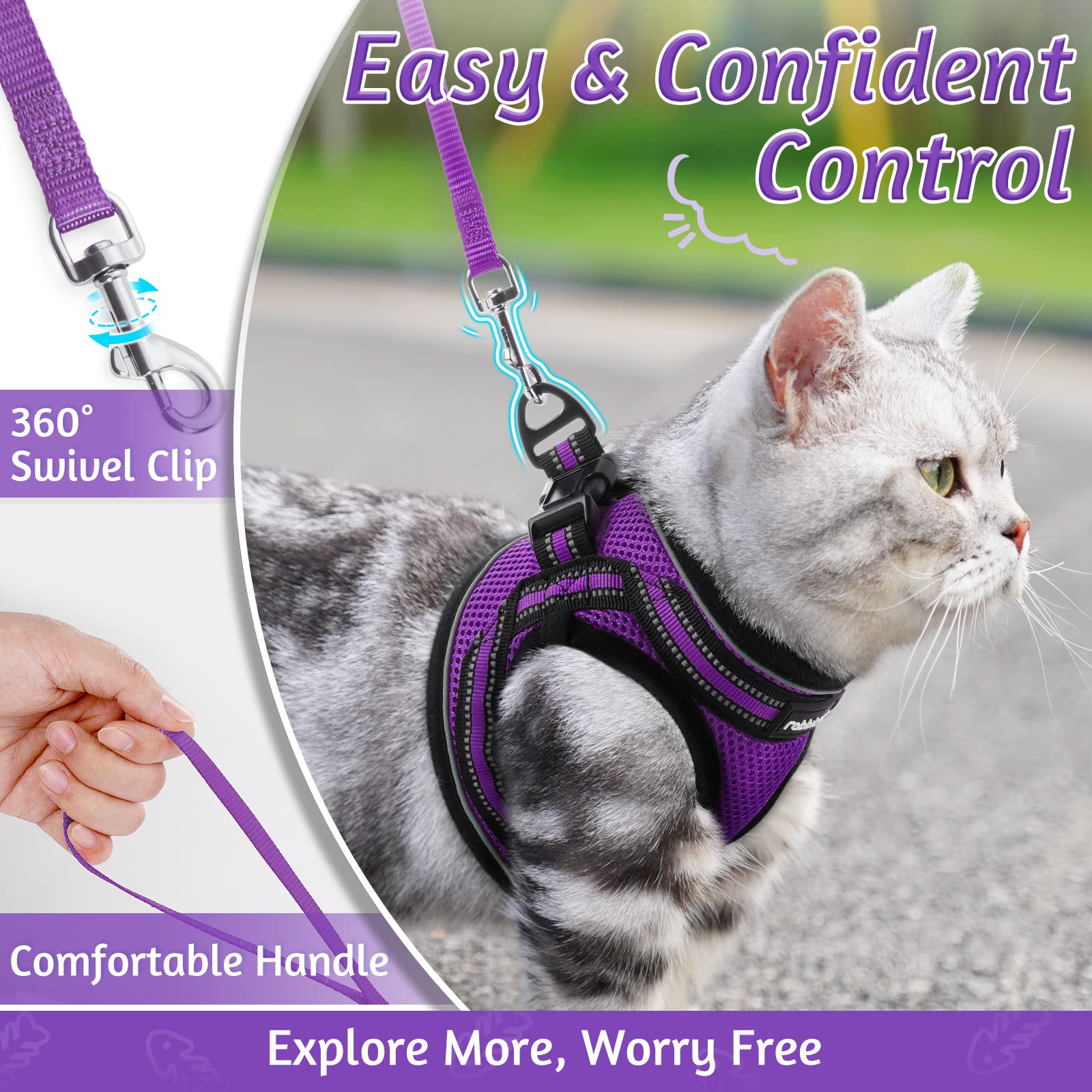 Rabbitgoo Cat Harness And Leash Set For Walking Escape Proof, Adjustable Soft Kittens Vest With Reflective Strip For Cats, Comfortable Outdoor Vest, Purple, L