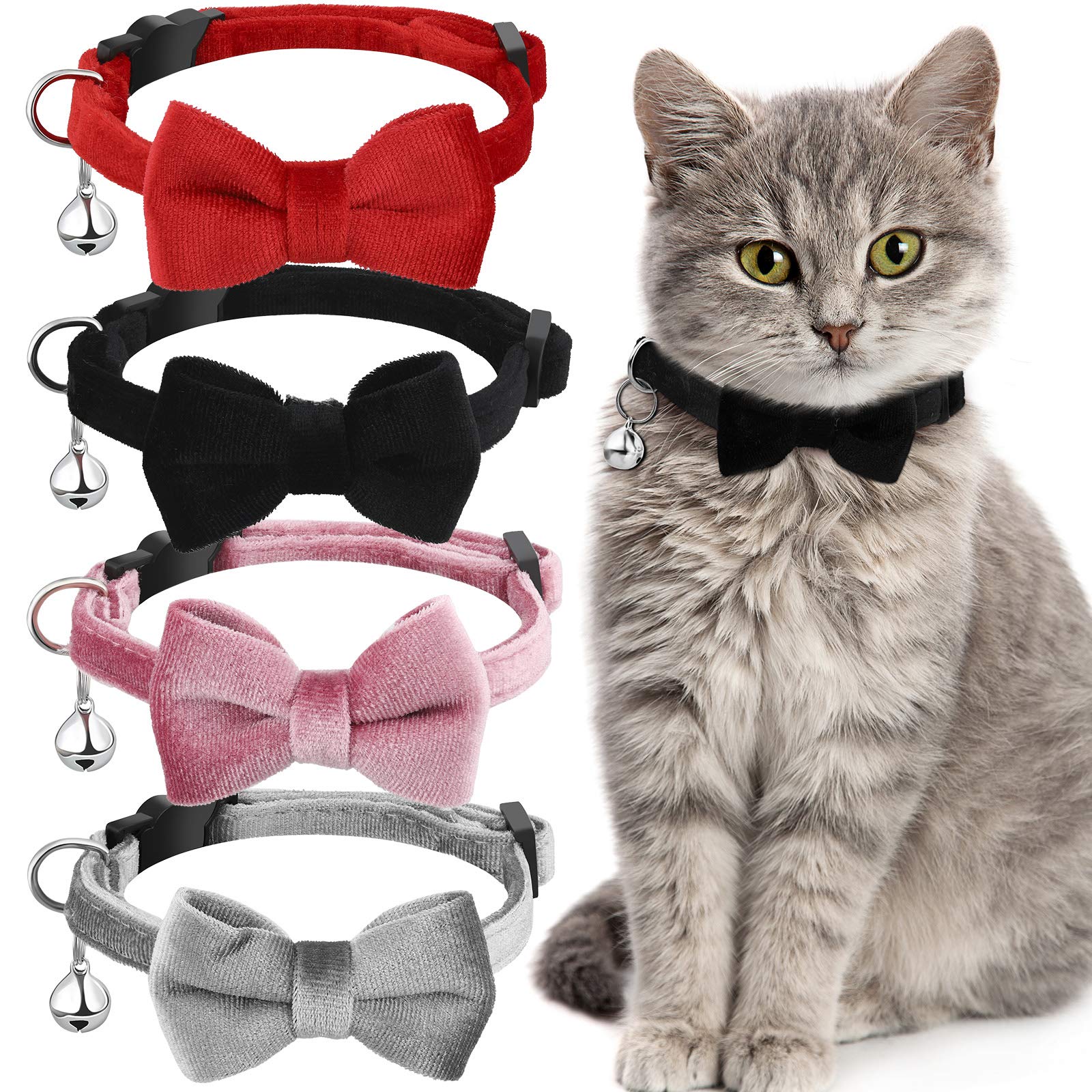 4 Pieces Cat Bow Tie Collar With Bell Breakaway Cat Collar Comfortable Velvet Cat Collar With Cute Safety Pet Collar For Pet Kitten Puppy (Black, Red, Gray, Pink,Small)