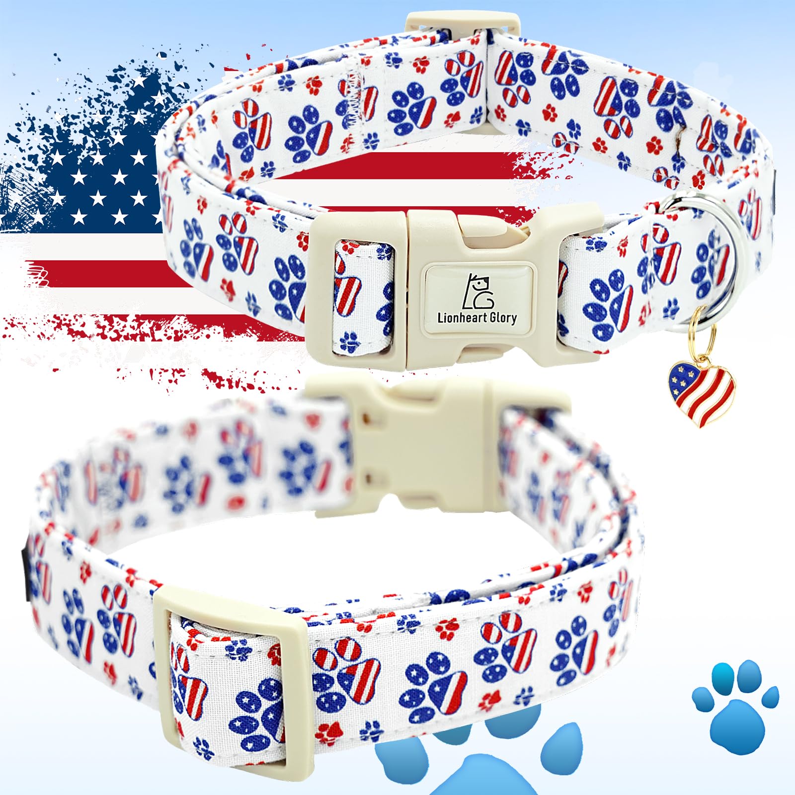 Lionheart Glory American Flag Dog Collar, 4 Of July Patriotic Independence Day Dog Collar Heavy Duty Adjustable Dog Collars For