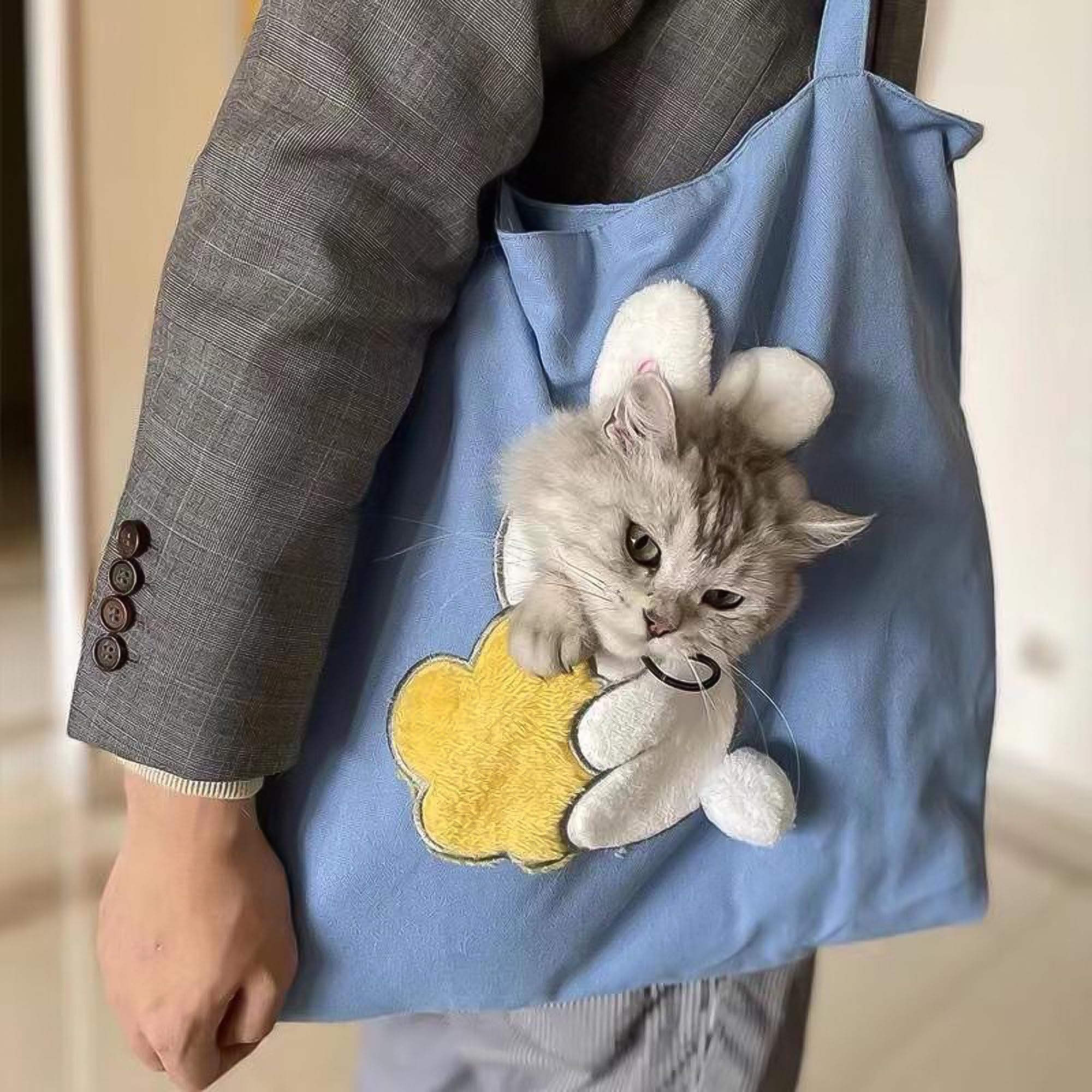 Pet Canvas Shoulder Carrying Bag, Cute Rabbit Shaped Cat Carrier, S Size Portable Kitten & Puppy Tote, Cozy Carriers For Small D