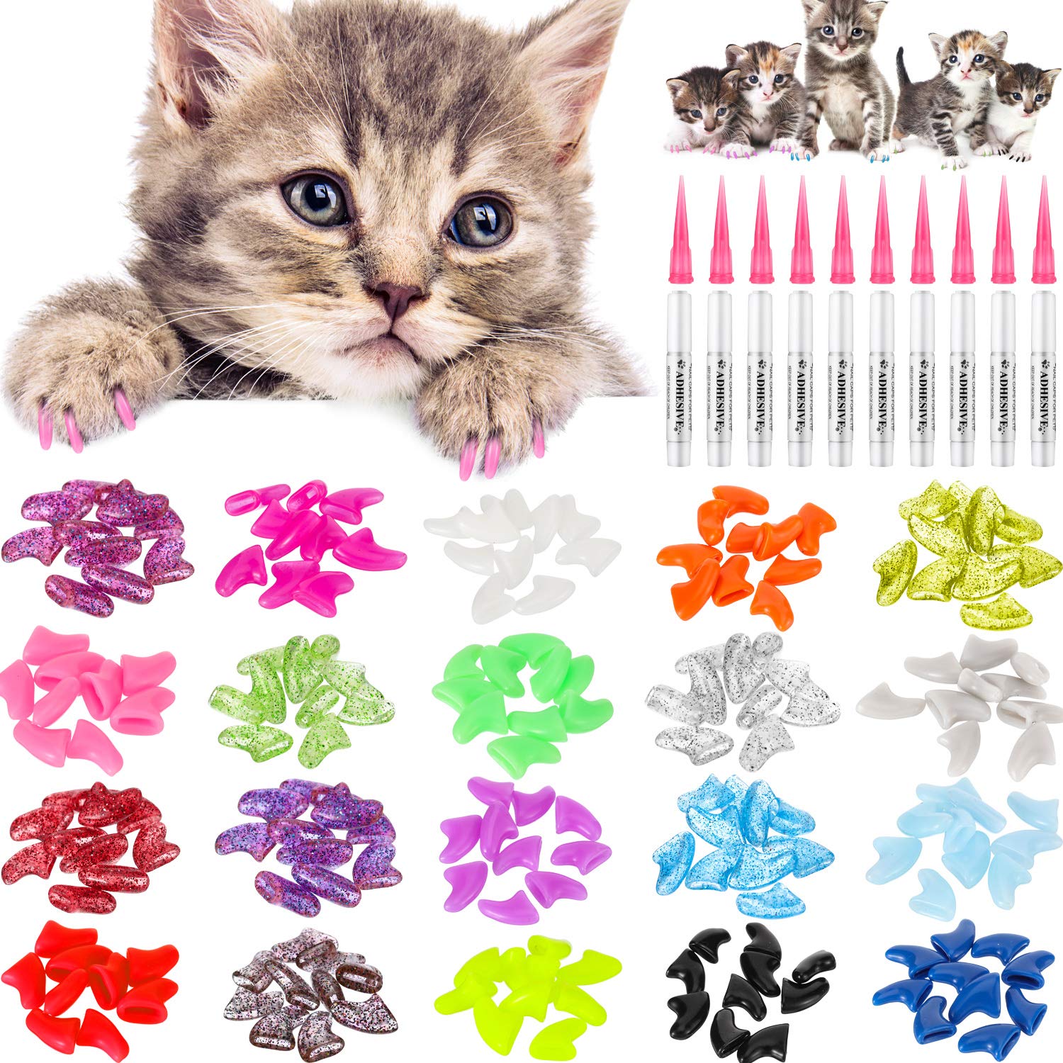 Willbond 200 Pieces 20 Color Cat Claw Caps With 10 Pcs Adhesive Glues And 10 Pcs Applicators Cat Claw Covers Cat Nail Tips With Instruction For Pets Cats