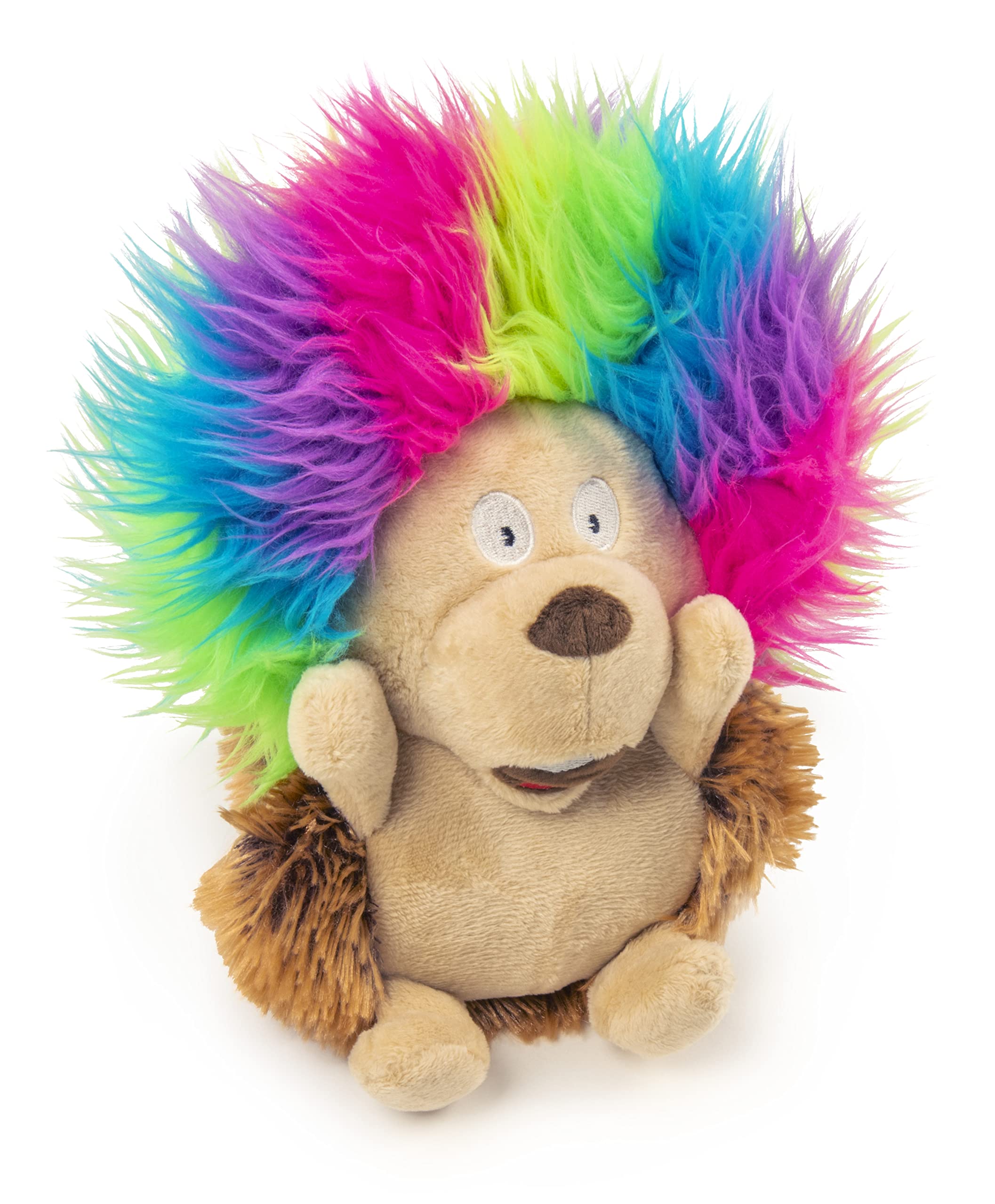 Godog Crazy Hairs Hedgehog Silent Squeak Plush Dog Toy, Chew Guard Technology - Brown, Small