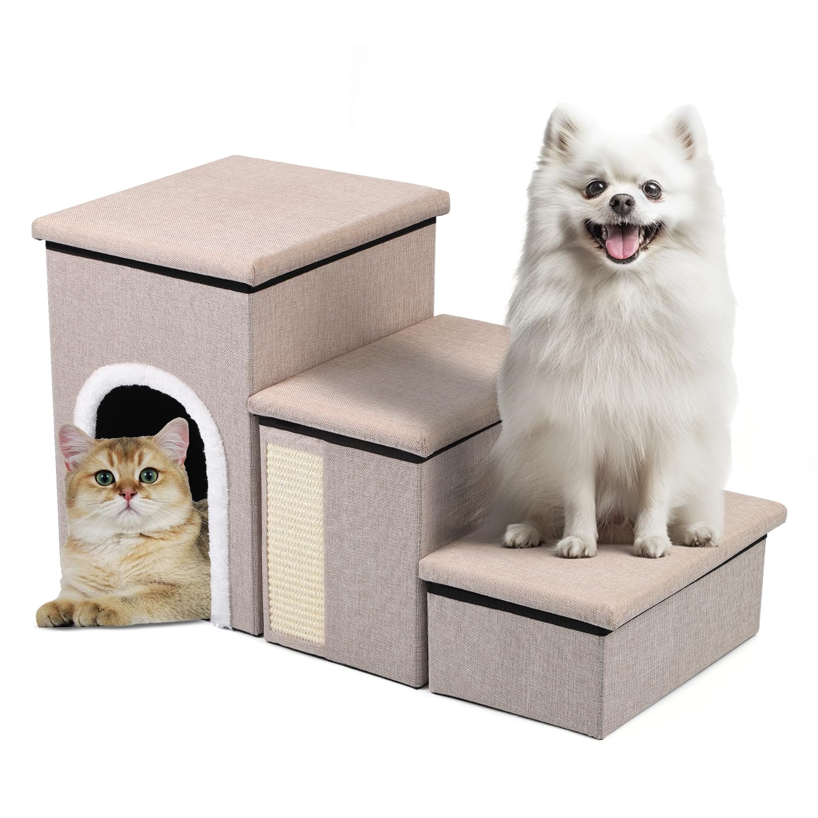 Pet Steps For Bed And Couch, 17''H Foldable Stairs For Small Older Dogs And Cats, Adjustable With Storage, Ramps With Condo, Scr