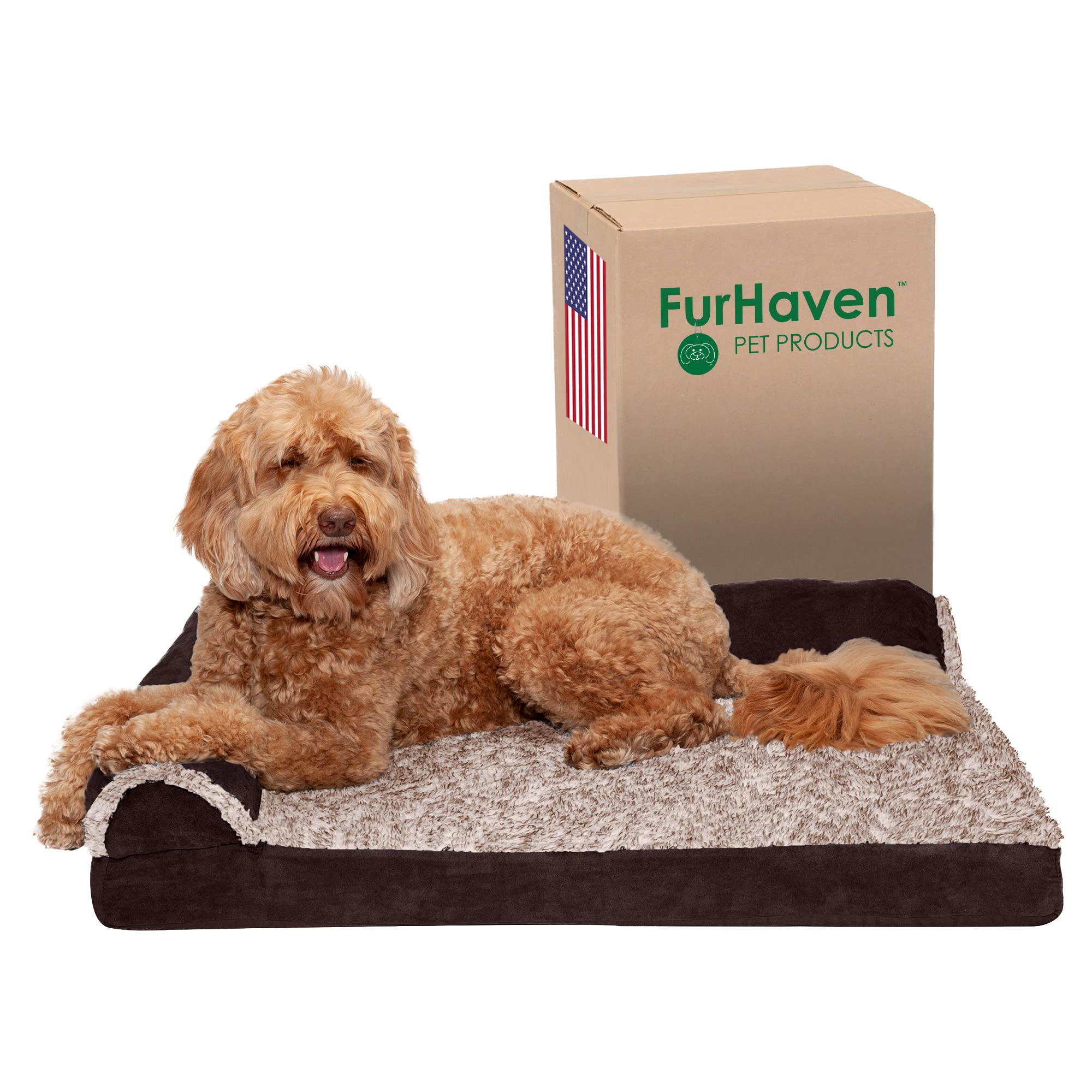 Furhaven Orthopedic Dog Bed For Large/Medium Dogs W/ Removable Bolsters & Washable Cover, For Dogs Up To 55 Lbs - Two-Tone Plush