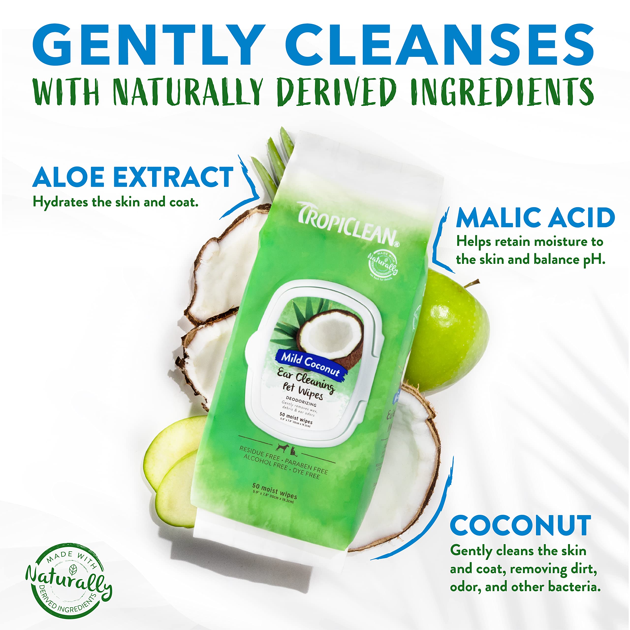 TropiClean Dog Ear Wipes, Dog Ear Cleaner, Soothing Itch Relief, Gently Removes Wax and Debris, Odor Eliminating, Safe for Daily