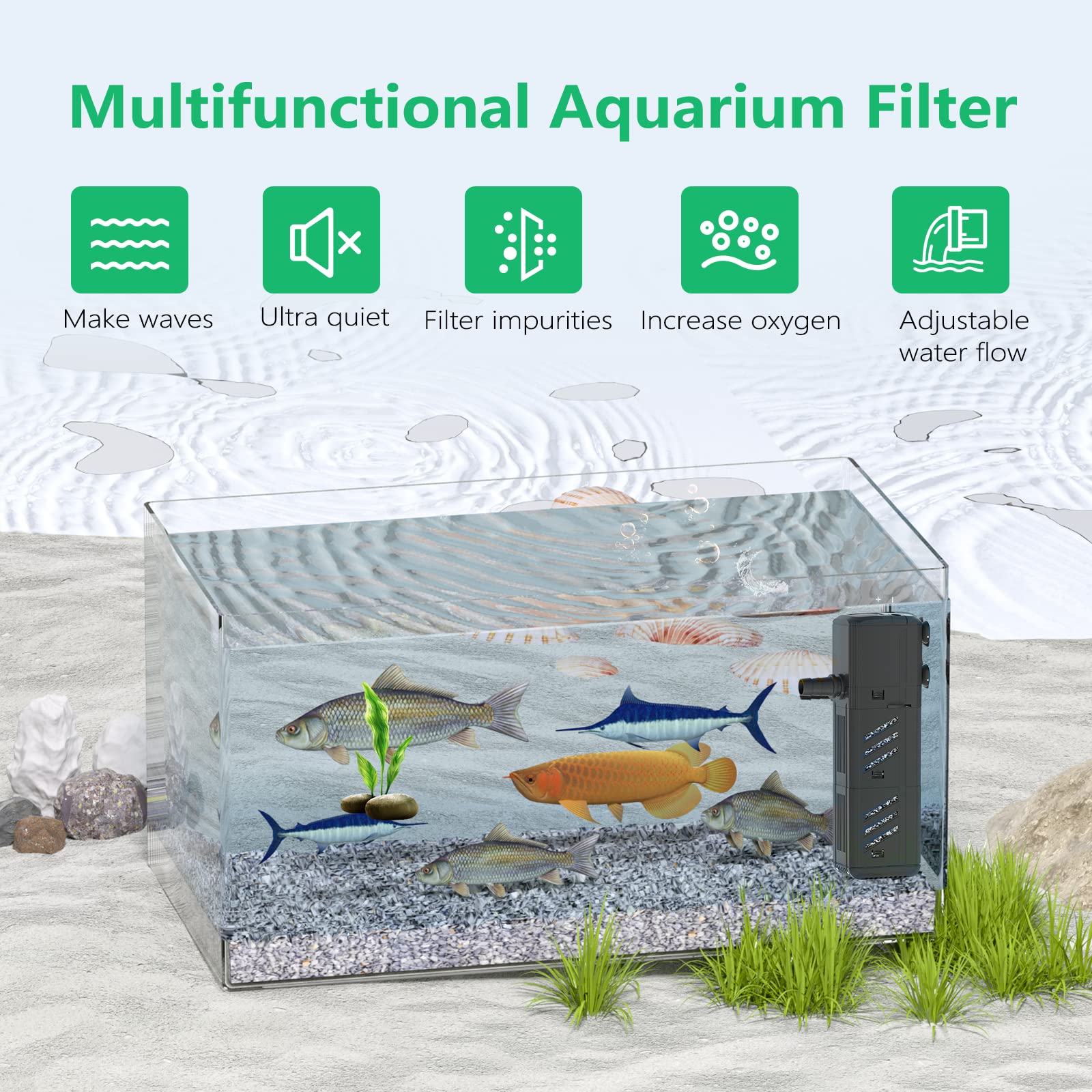 Aquarium Filter, Insputer 8W Turtle Tank Filter With 2 Sponge Filtration, 200 Gph Adjustable Submersible Fish Filters For 10-50 Gallo Pond Freshwater