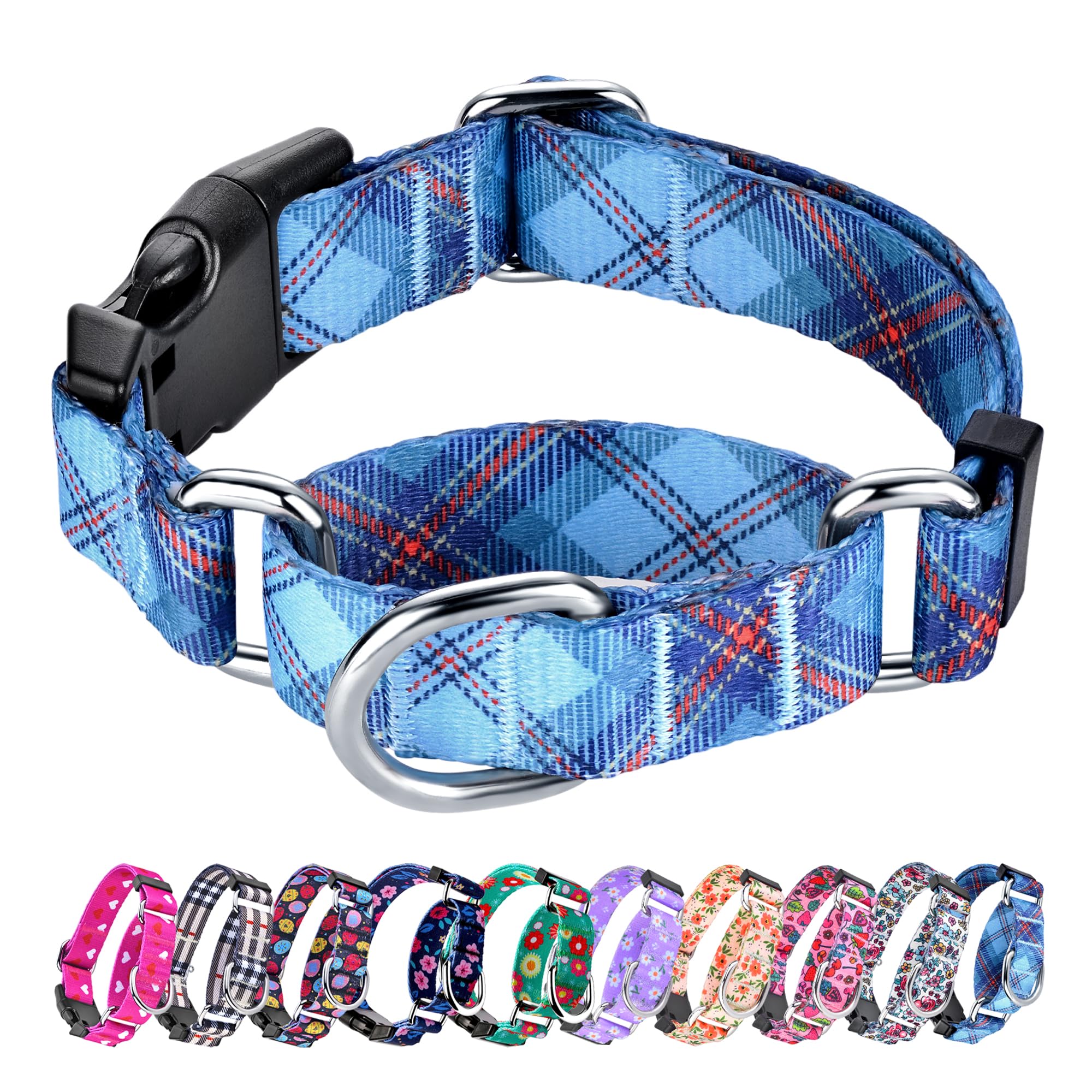 Hikiko Dog Collar For Small Medium Large Dogs, Adjustable Nylon Martingale Collars With Quick Release Buckle (Blue Plaid,L)