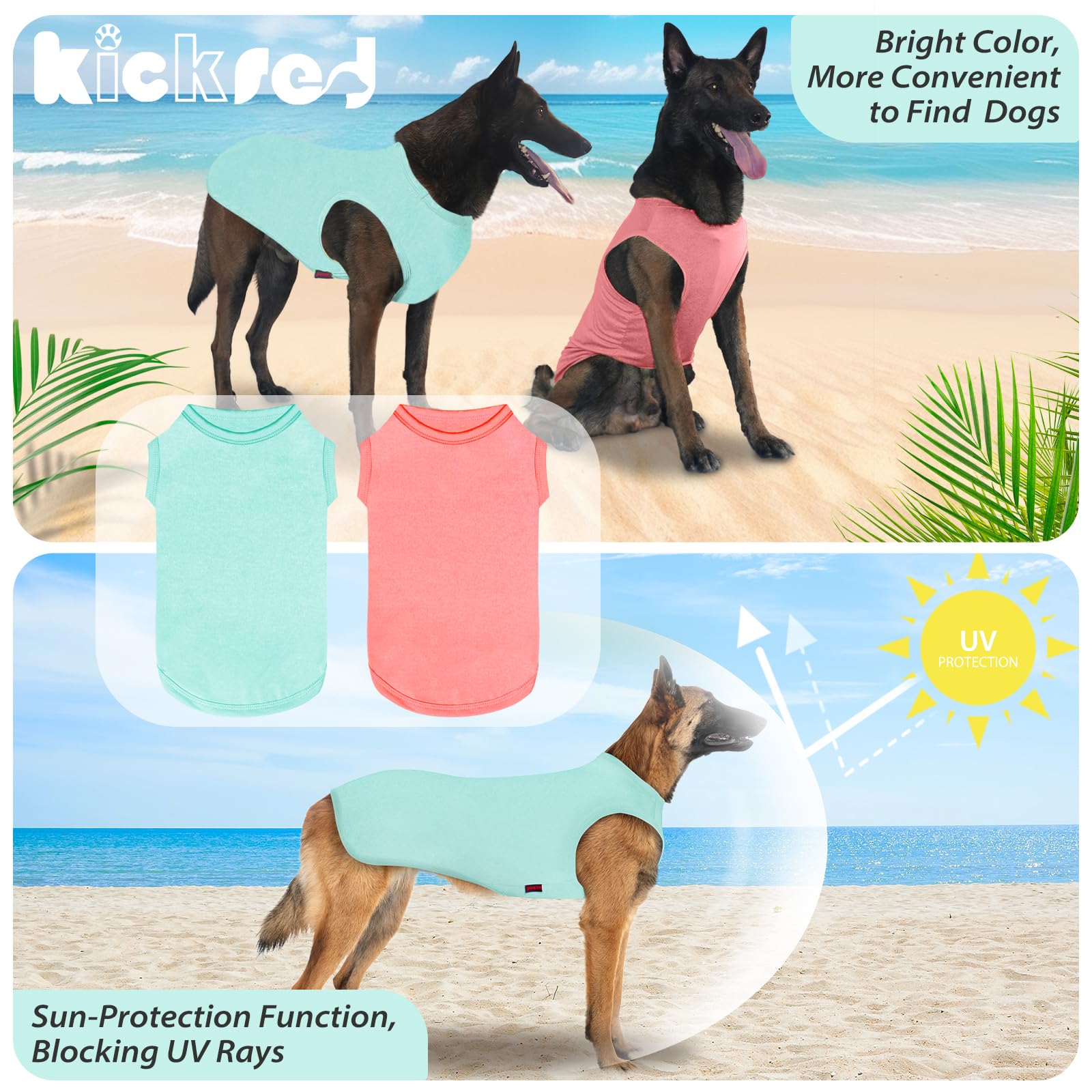 Kickred 2-Piece Dog Shirts, Soft & Cool Tank Top, Breathable Pet Apparel, Summer Sleeveless Sweatshirt For Medium-Large Pets - L