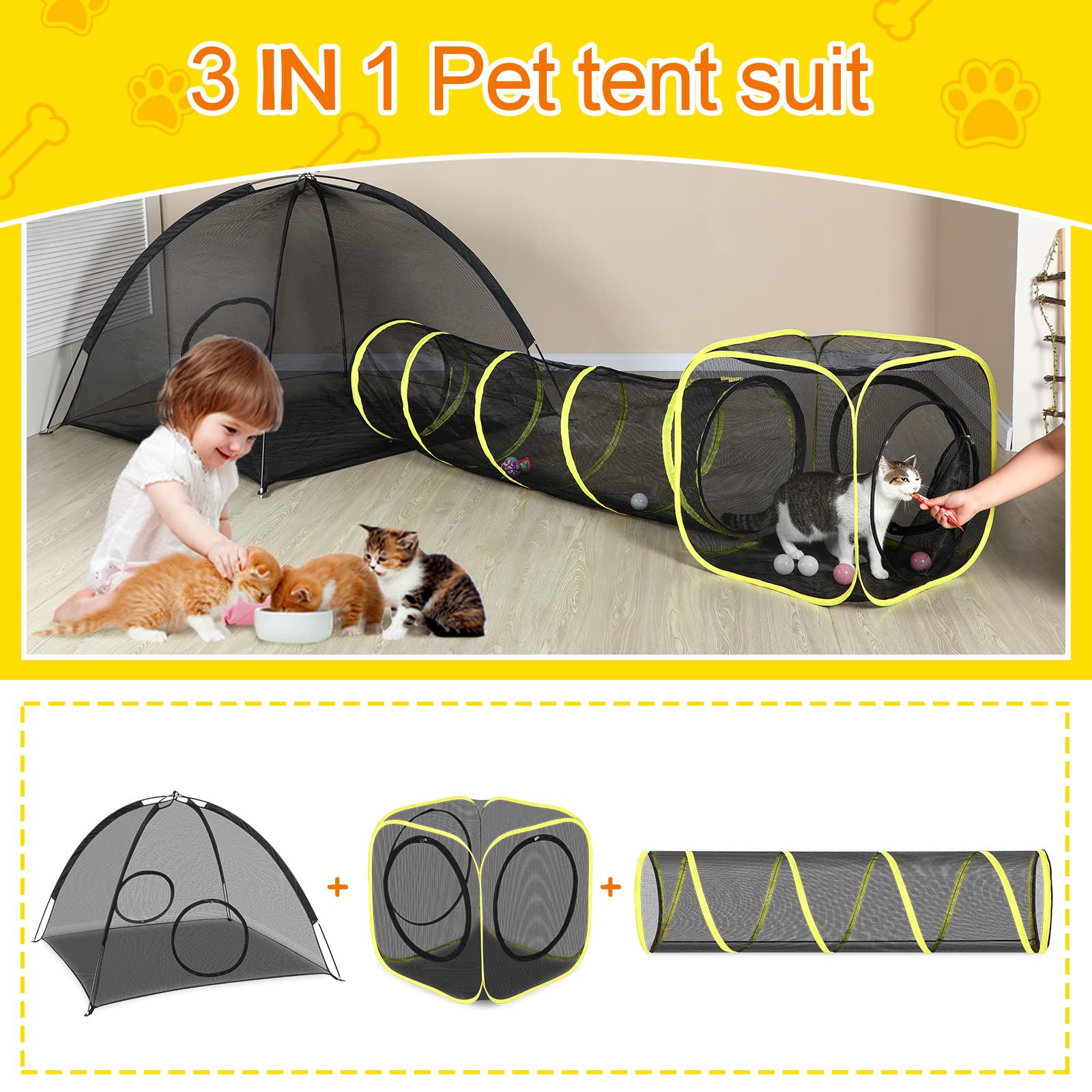 Outdoor Cat Enclosures For Indoor, Portable Mesh Tent, Outdoor Pet Tunnel, Cat Playhouse With Adjustable Cat Harness And Leash F