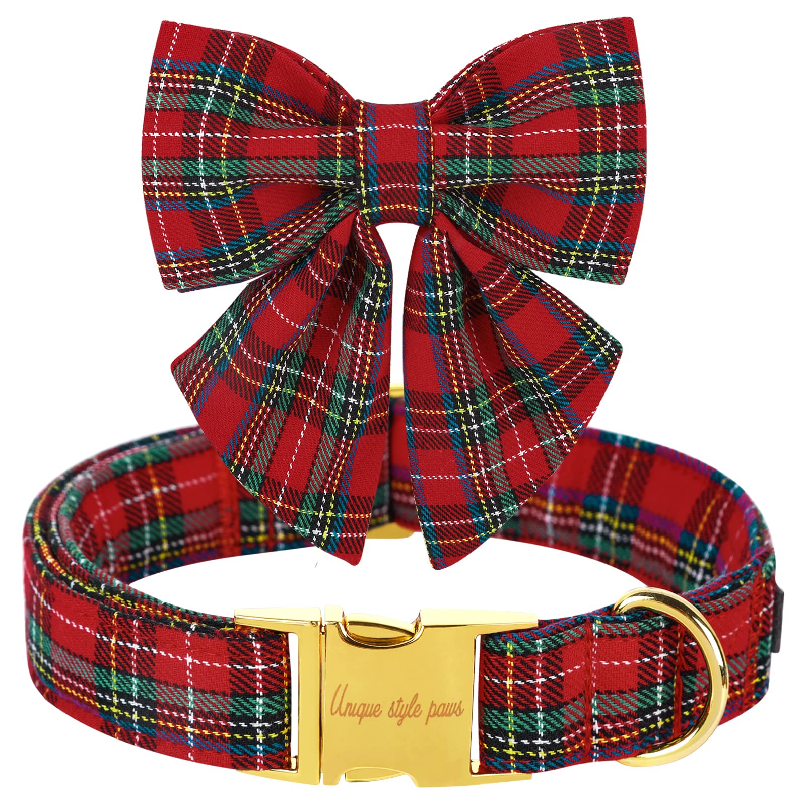 Unique Style Paws Christmas Dog Collar With Bow Tie Scottish Plaid Puppy Collar For Small Medium Large Dogs As Holiday Autumn Winter Gifts-L