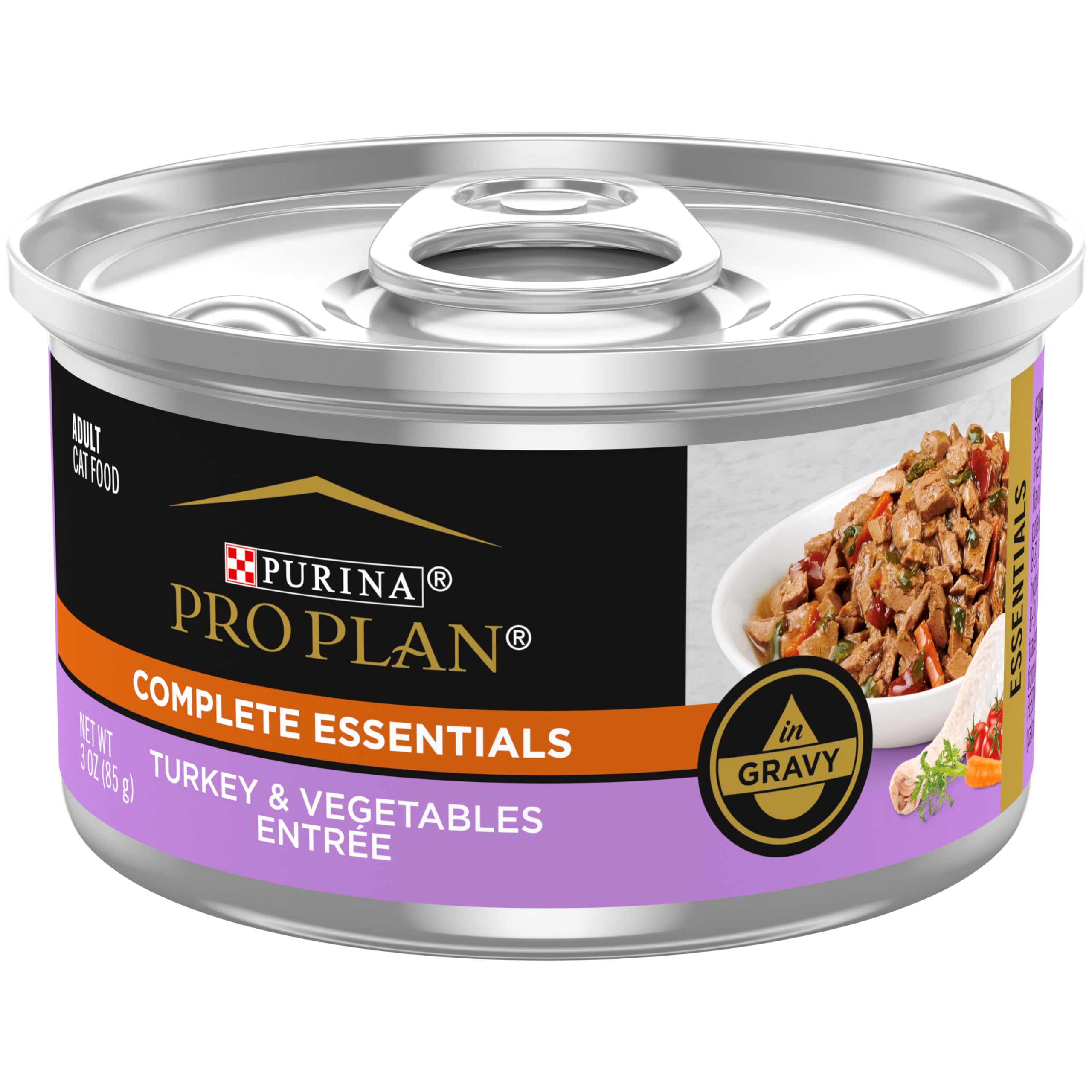 Purina Pro Plan Gravy, High Protein Wet Cat Food, COMPLETE ESSENTIALS Turkey & Vegetable Entree - (Pack of 24) 3 oz. Pull-Top Ca