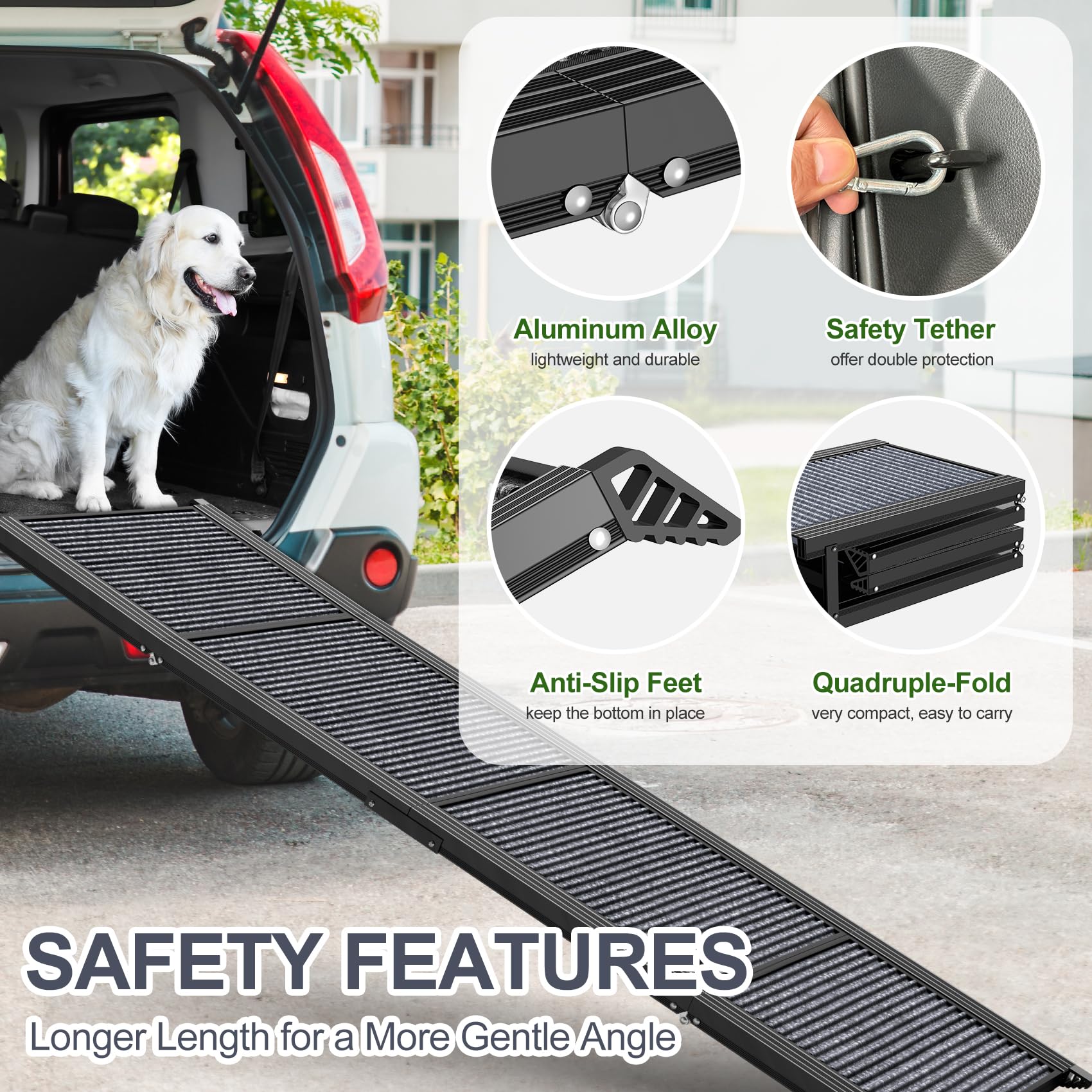 HerCcreta Dog Ramp - Upgraded Extra Wide Folding Ramp for Large Dogs, 71" x 20", Non-Slip Rug Surface, Black, Supports Up to 270 LBS