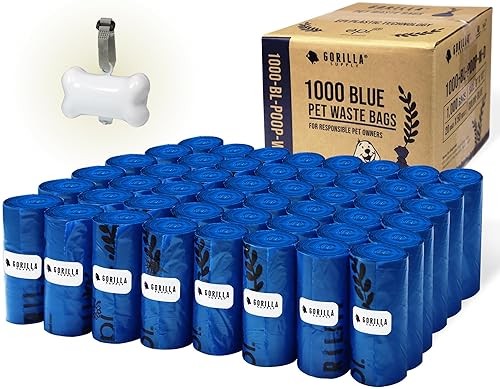 GORILLA SUPPLY Dog Poop Bags - 1000 Count, Blue, 9 x 13, Plastic, with Dispenser & Leash Tie, Model 1000-BL-PO