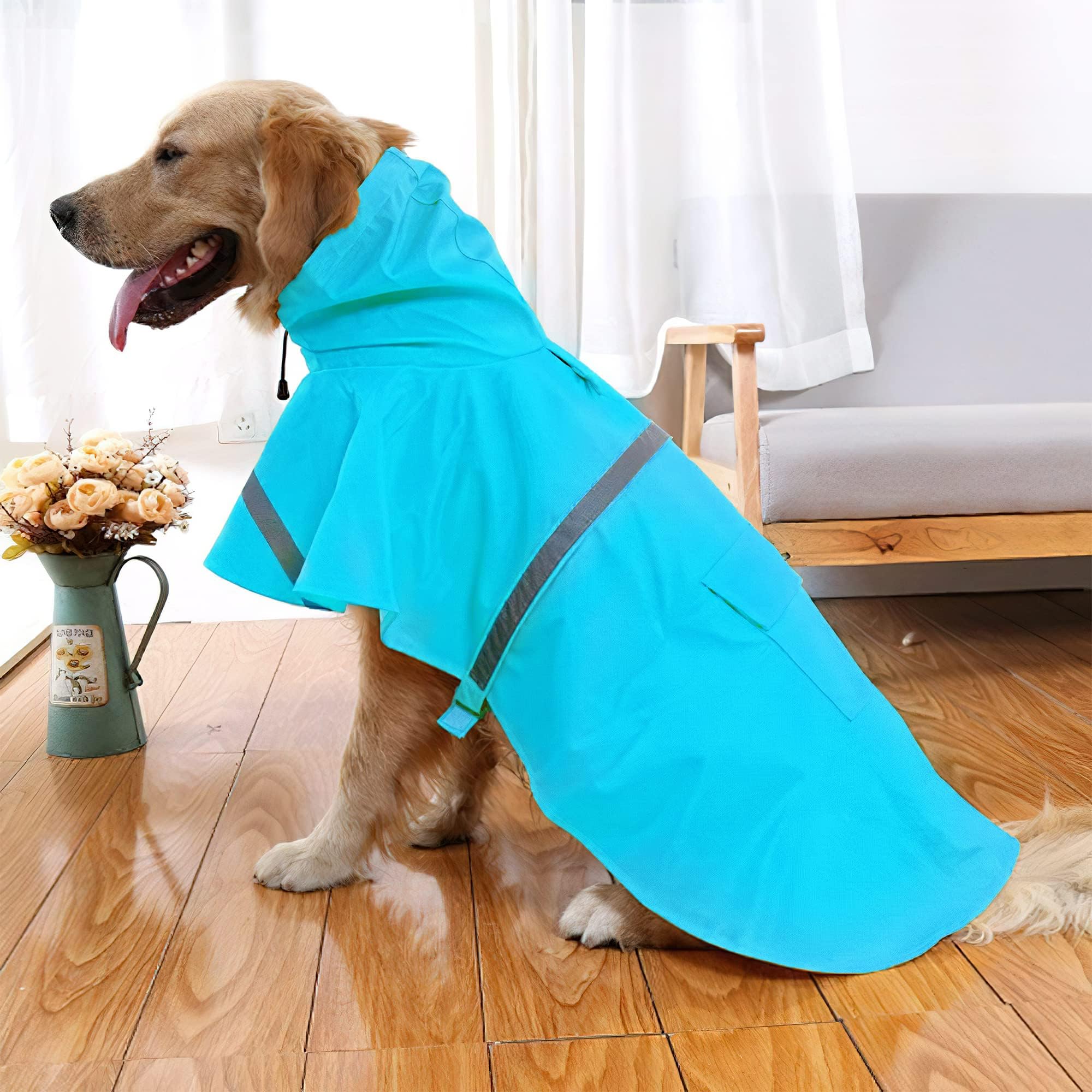 NACOCO Large Dog Raincoat Adjustable Pet Water Proof Clothes Lightweight Rain Jacket Poncho Hoodies with Strip Reflective (L, La