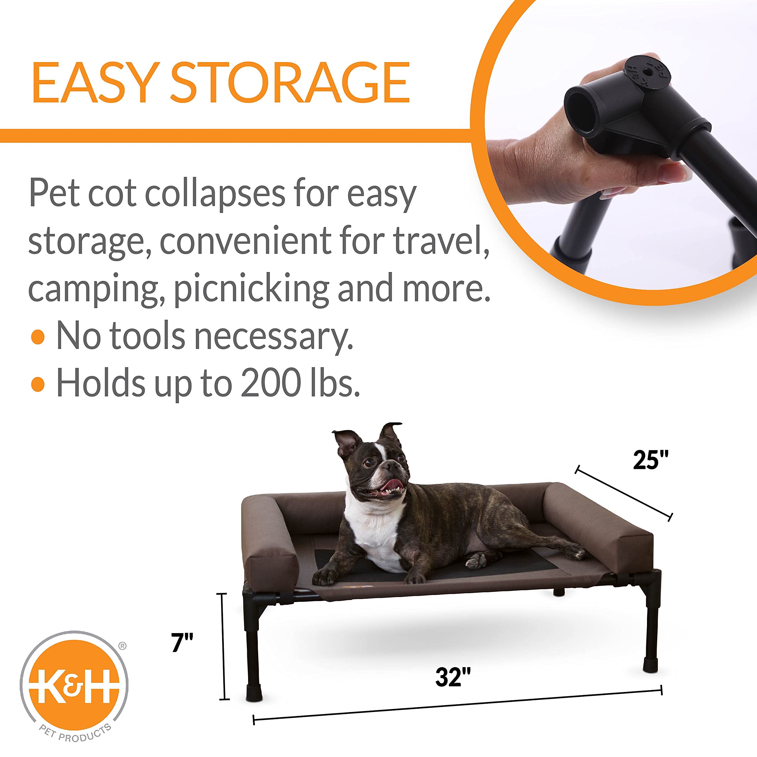 K&H Pet Products Bolster Dog Cot Cooling Indoor/Outdoor Elevated Dog Bed Hammock With Removable Bolsters, Washable Mesh Cover, Raised Camping Dog Bed For Medium Dogs - Chocolate Medium 25' X 32'
