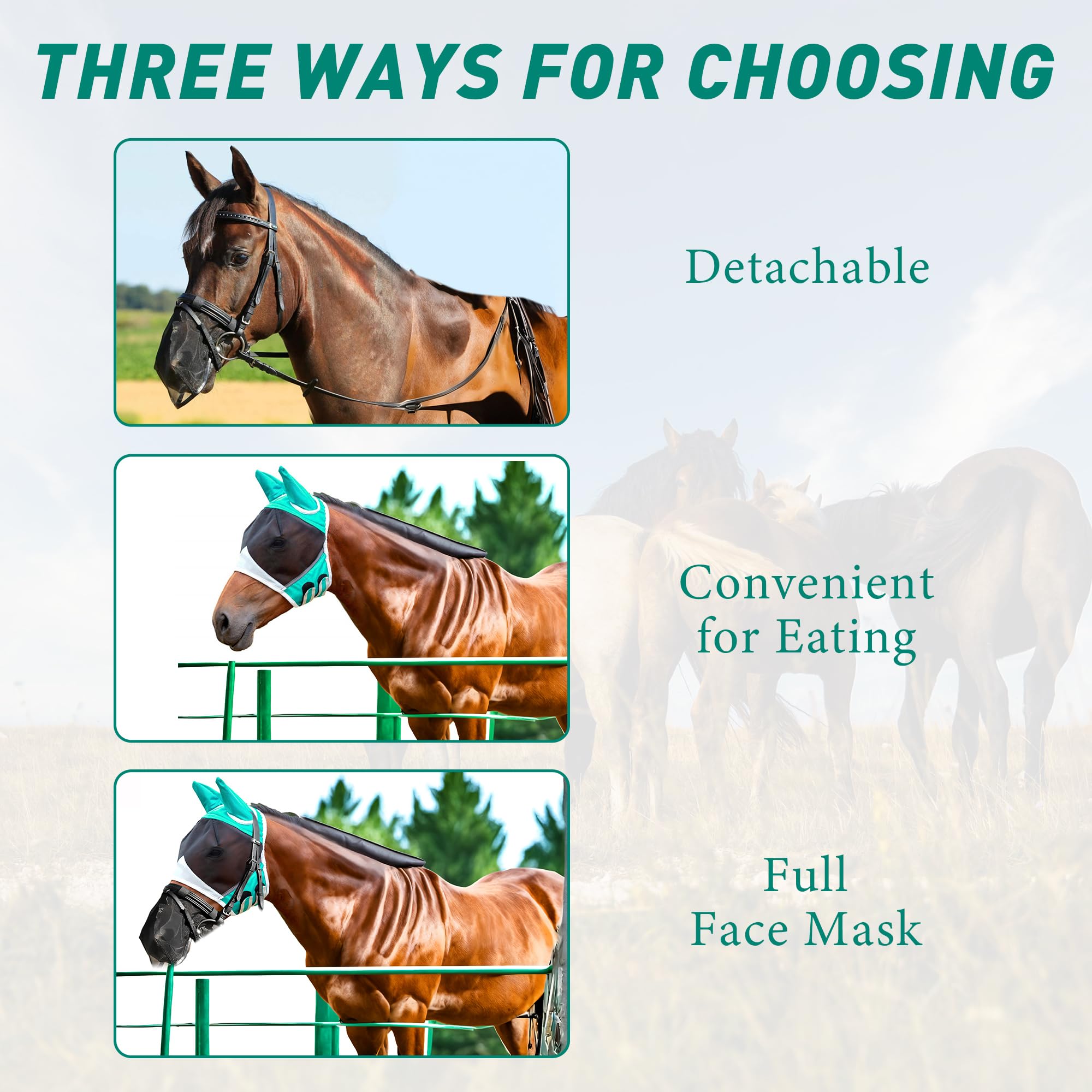 Qoroos 2 in 1 Set Detachable Horse Fly Mask with Nose Cover Fly Masks for Horses with Ears & Eyes Adjustable for All Face UV Pro