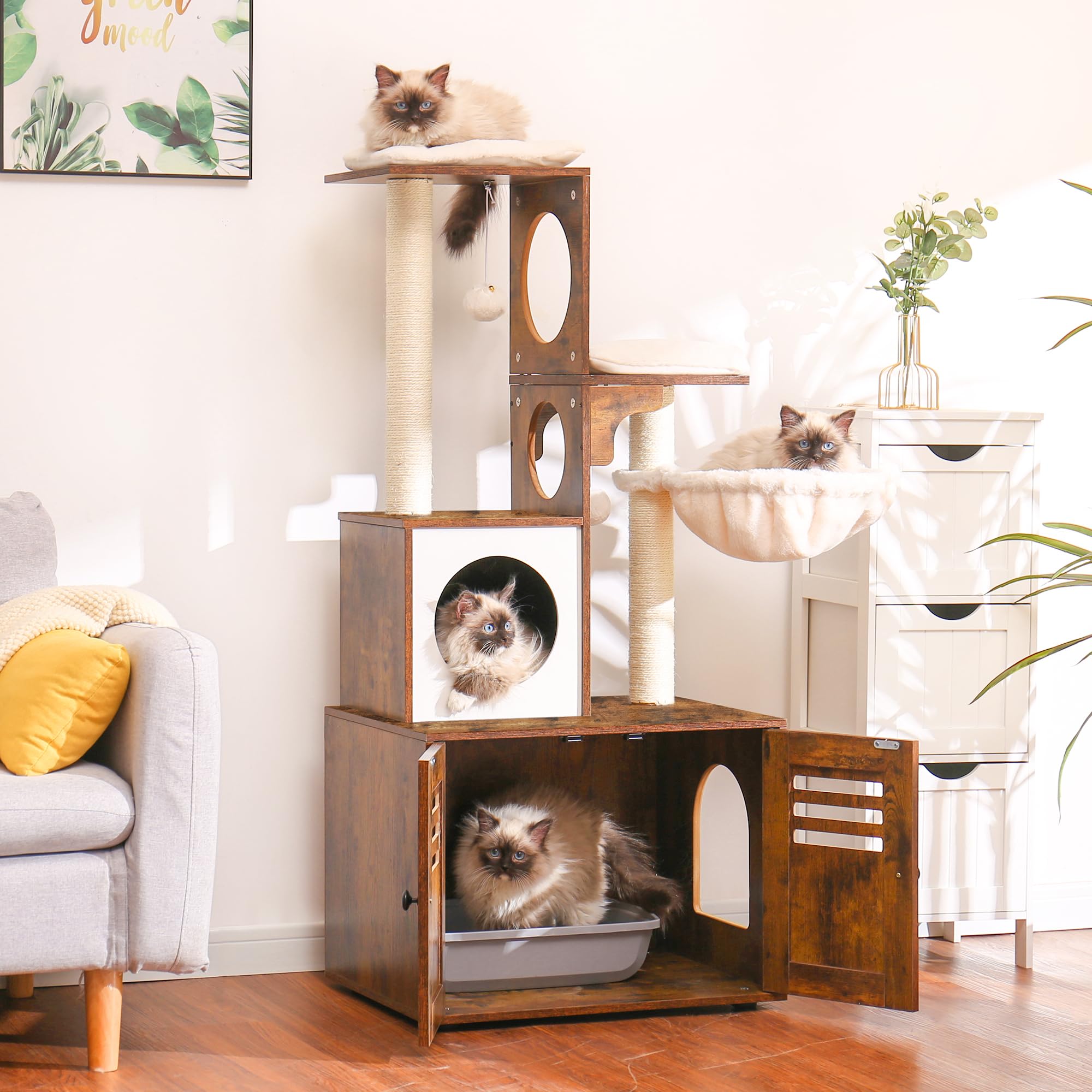 Heybly Cat Tree, Wood Litter Box Enclosure with Food Station, All-in-one Indoor Cat Furniture with Large Platform and Condo, Mod