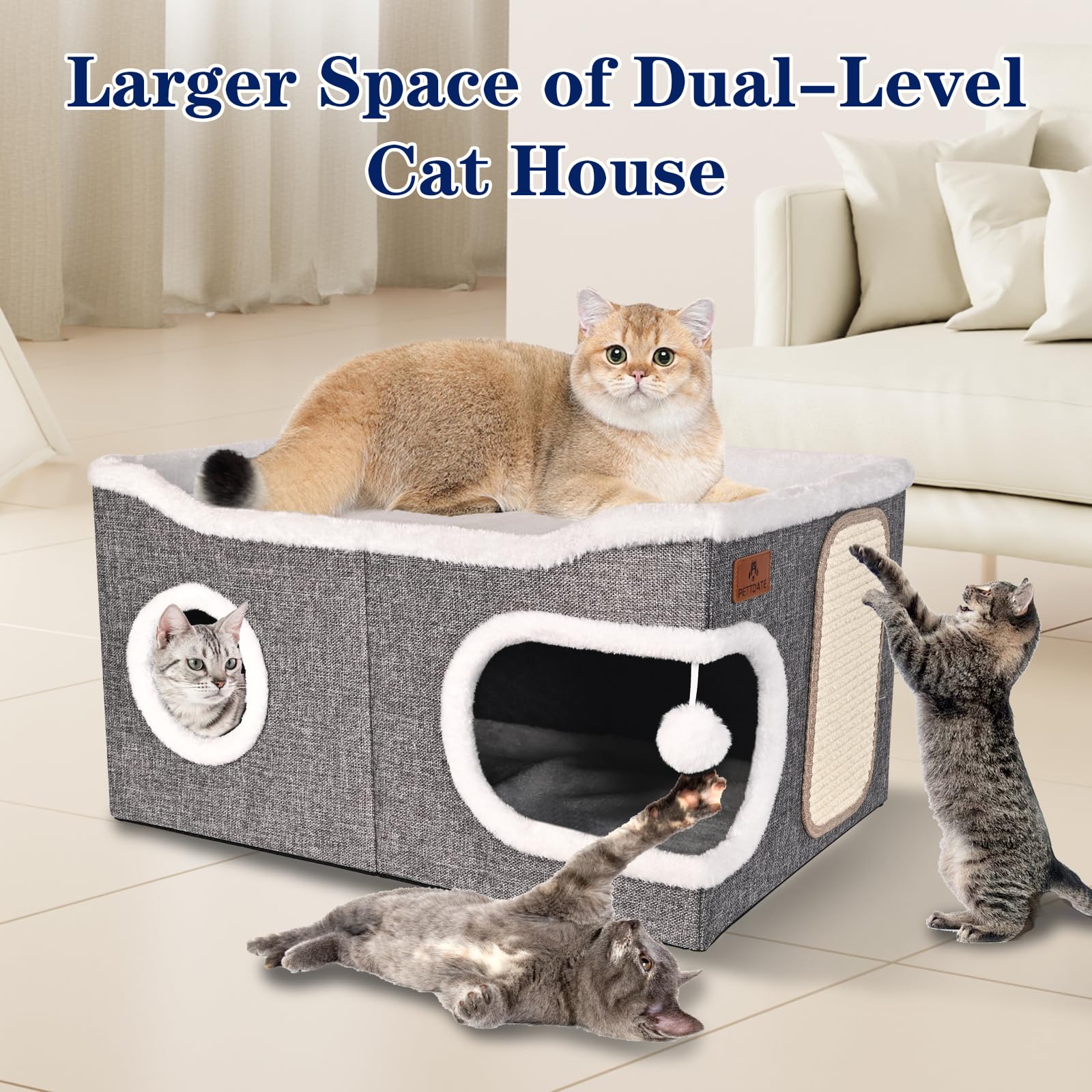 Extra Large Cat Beds for Indoor Cats, Covered Cat Cave Beds & Furniture with Scratch Pad and Fluffy Ball, Foldable Condo Hideawa