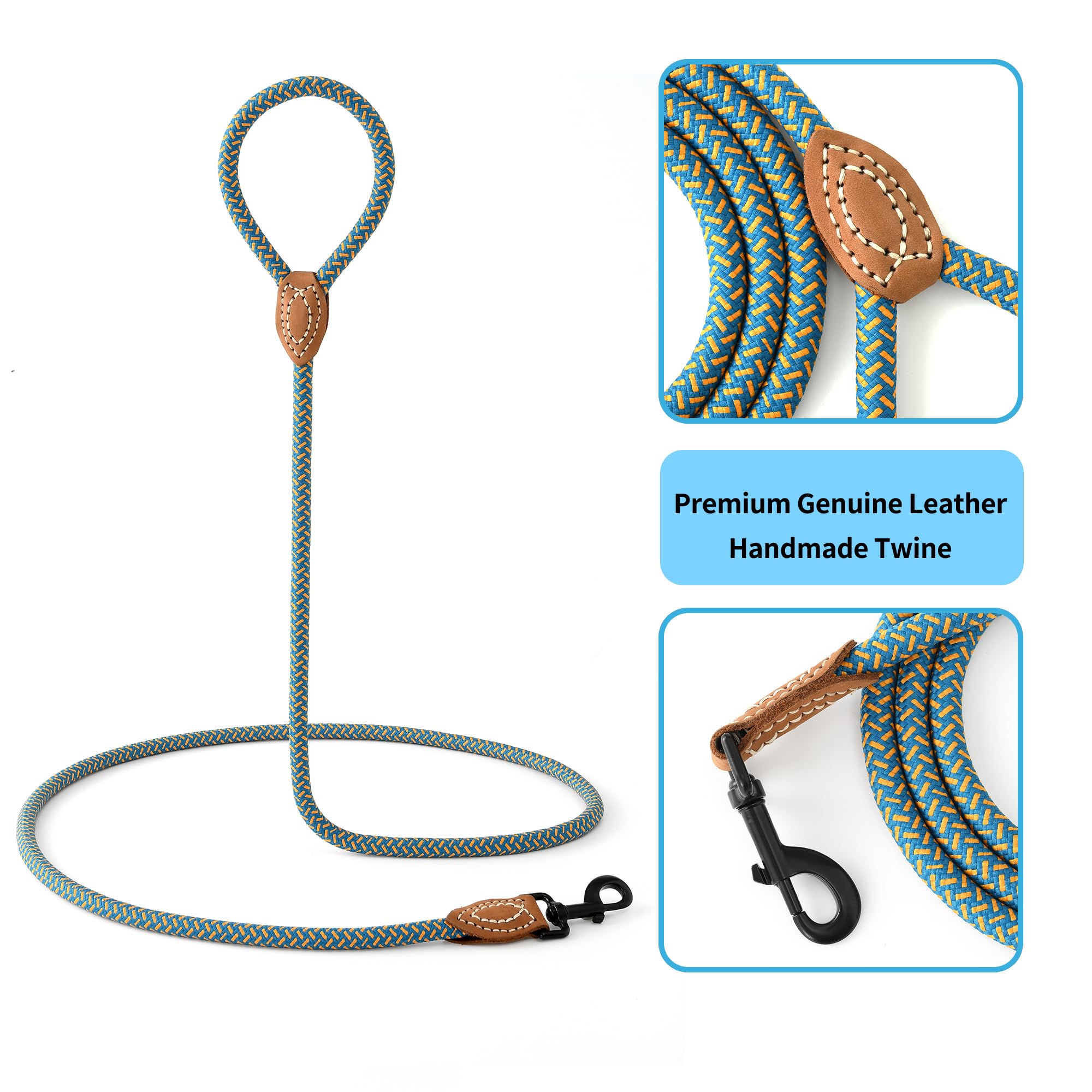 Mile High Life Rope Leash With Genuine Leather Connection, 6 Ft/5 Ft/4 Ft, Heavy Duty Dog Leash For Medium & Large Dogs (Peacock