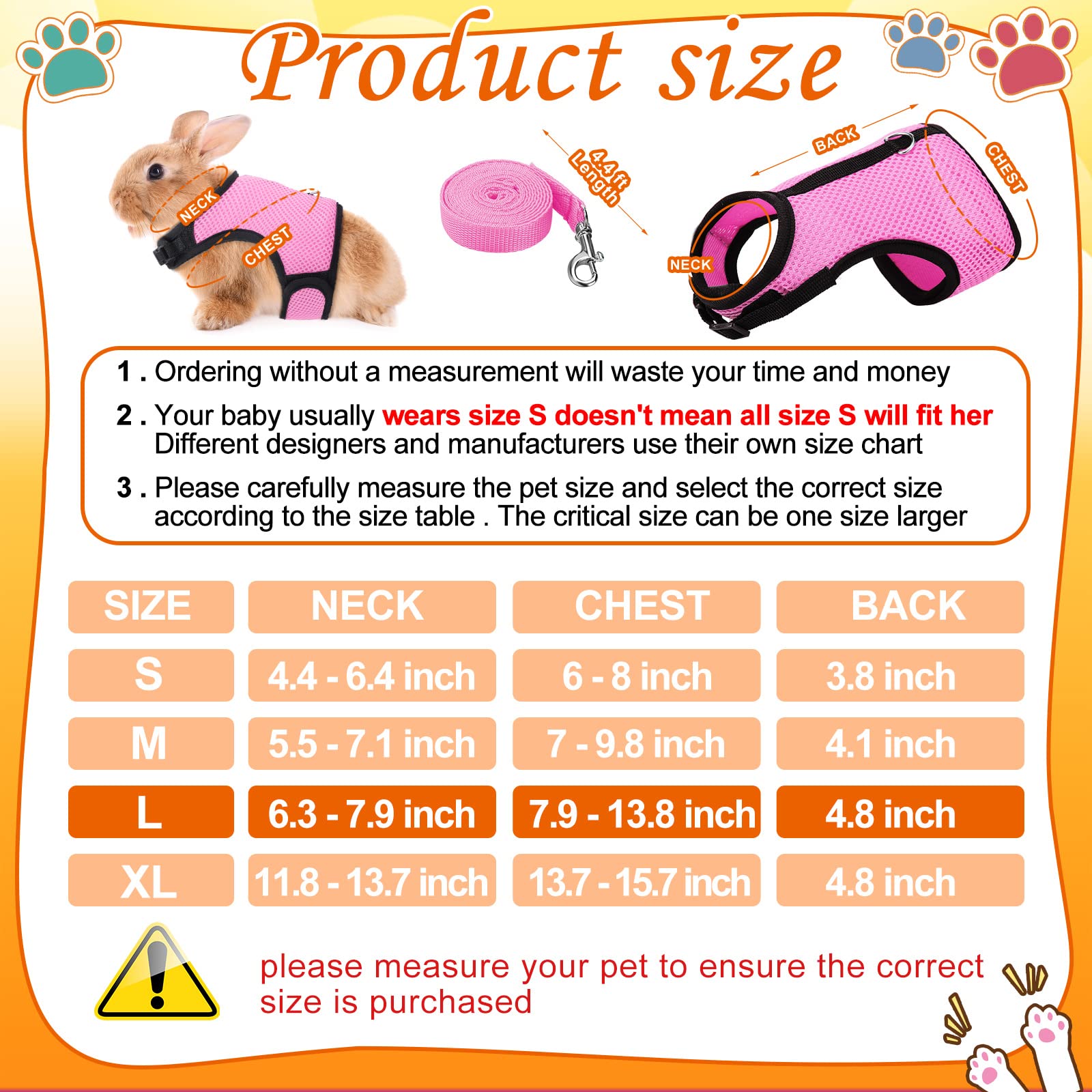 Satinior 2 Pieces Bunny Rabbit Harness With Leash Cute Adjustable Buckle Breathable Mesh Vest For Kitten Puppy Small Pets Animal Walking Accessories