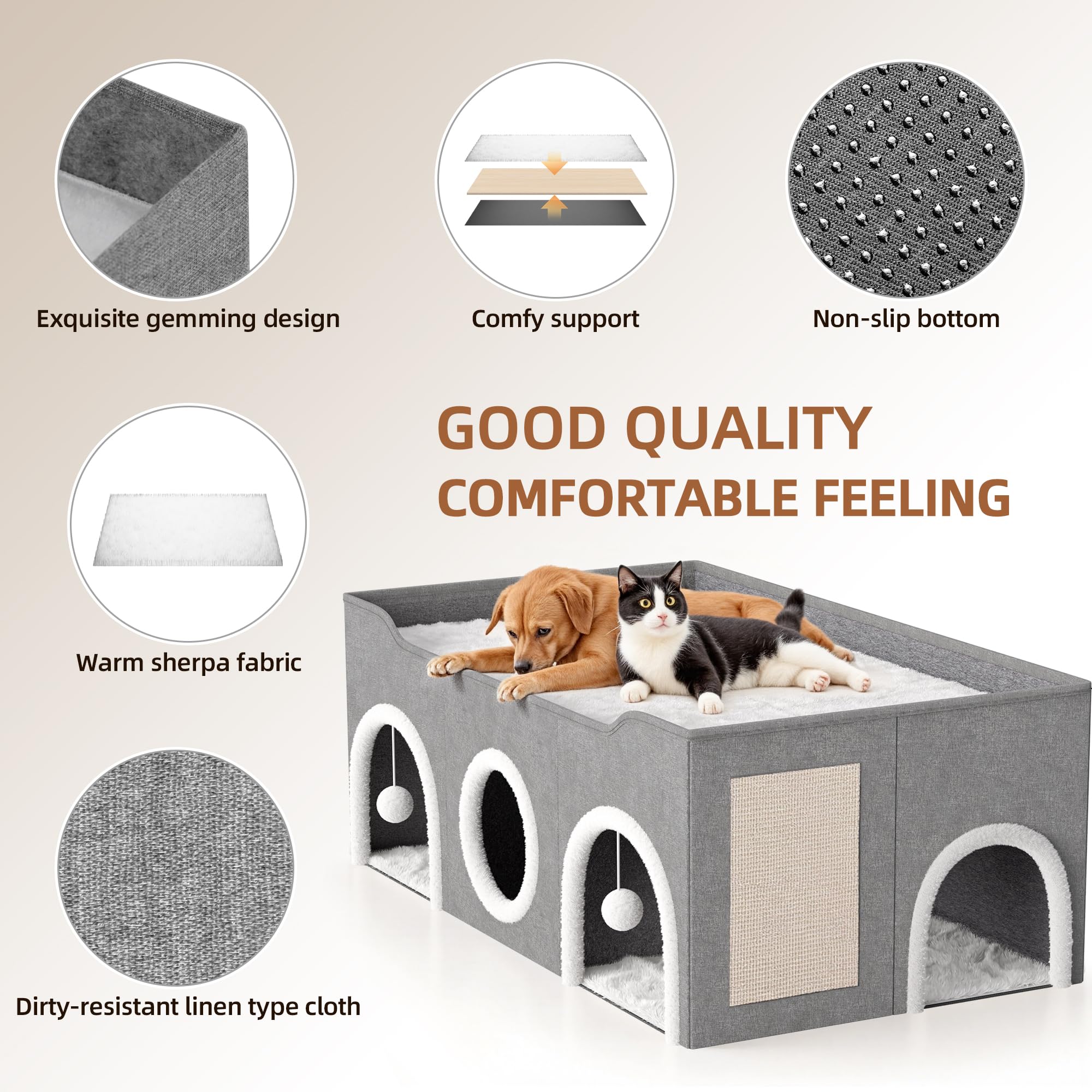 All-In-1 Extra-Wide Cat House For Indoor, Multi Cats Puppy Family, Large Cat Cave For Pet House With Fluffy Ball Hanging And Scr