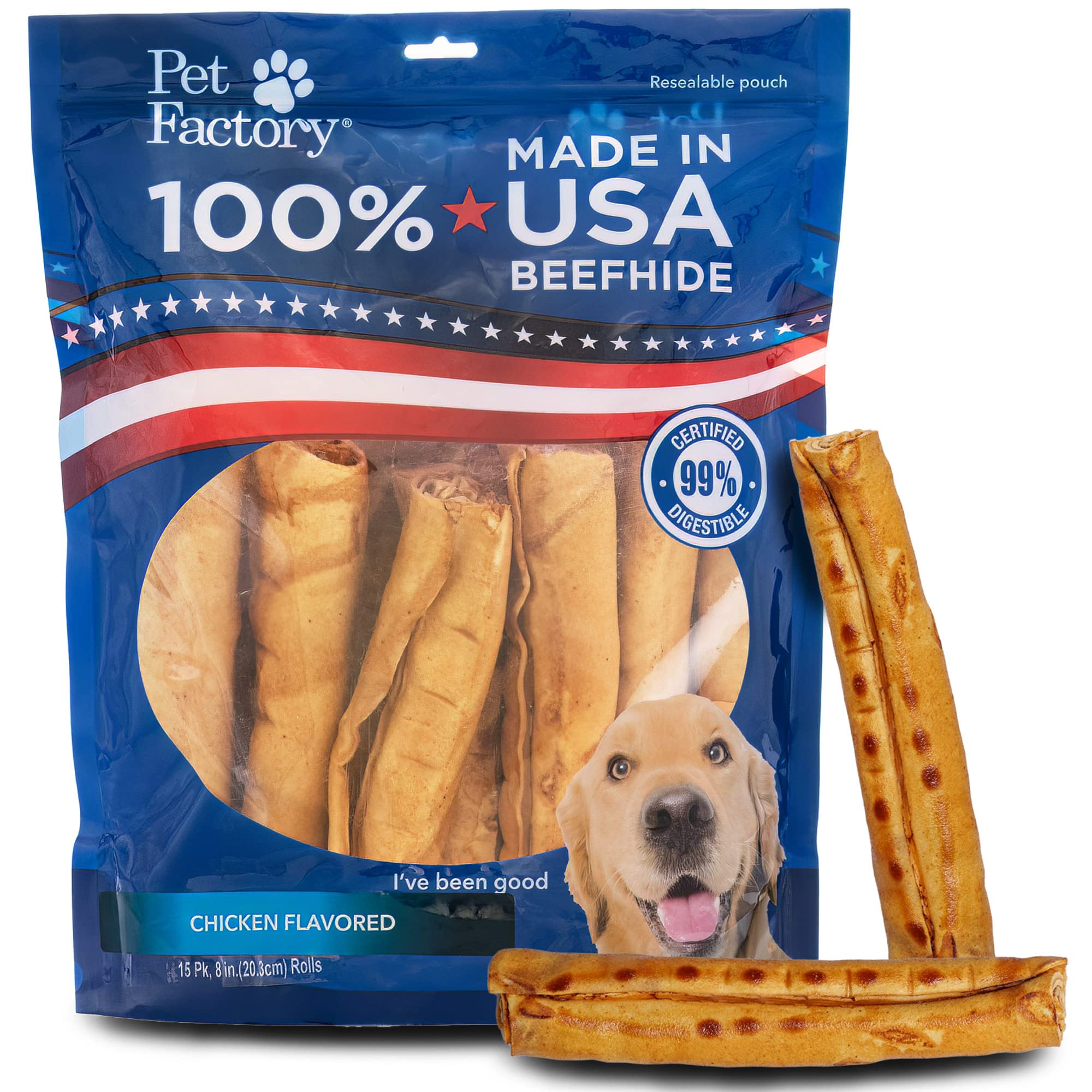 Pet Factory 100% Made in USA Beefhide 8 Rolls Dog Chew Treats - Chicken Flavor, 15 Count/1 Pack