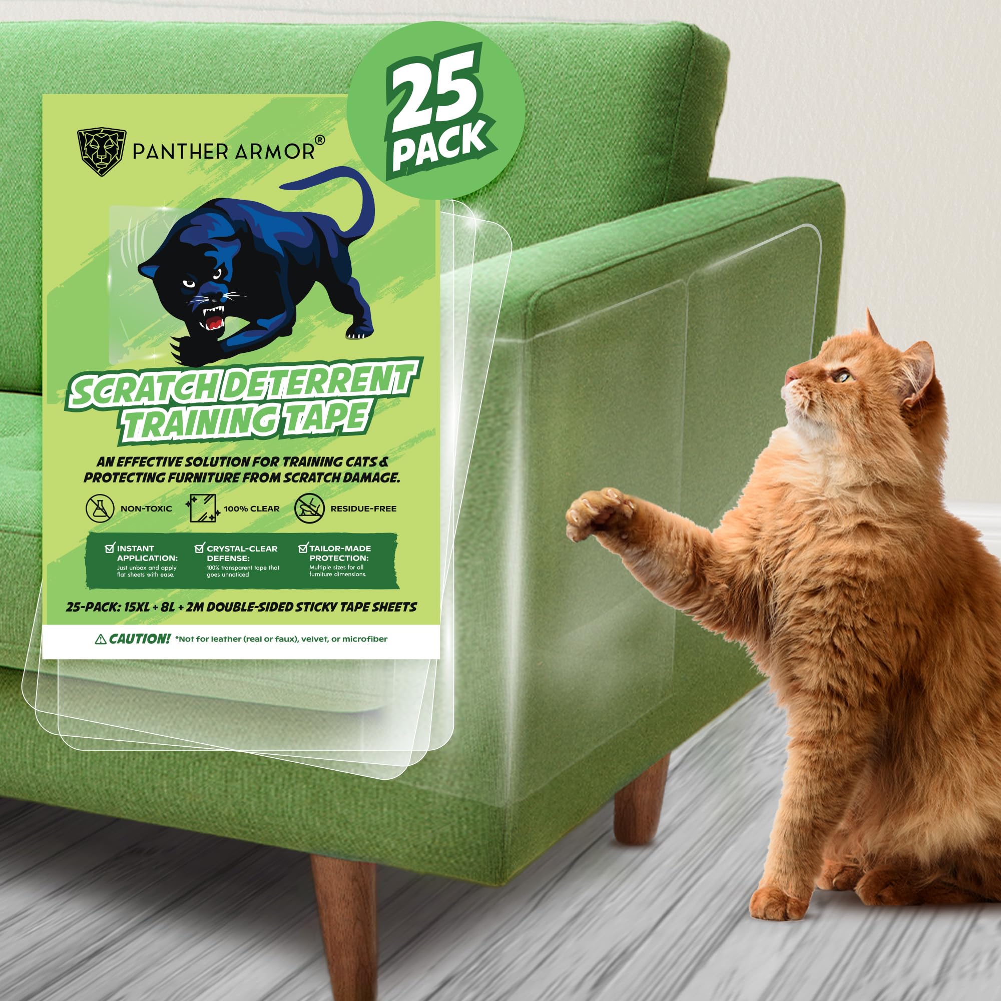 Panther Armor 25-Pack Anti Cat Scratch Deterrent & Training Tape - Sticky Cat Tapes For Furniture - Couch Protector