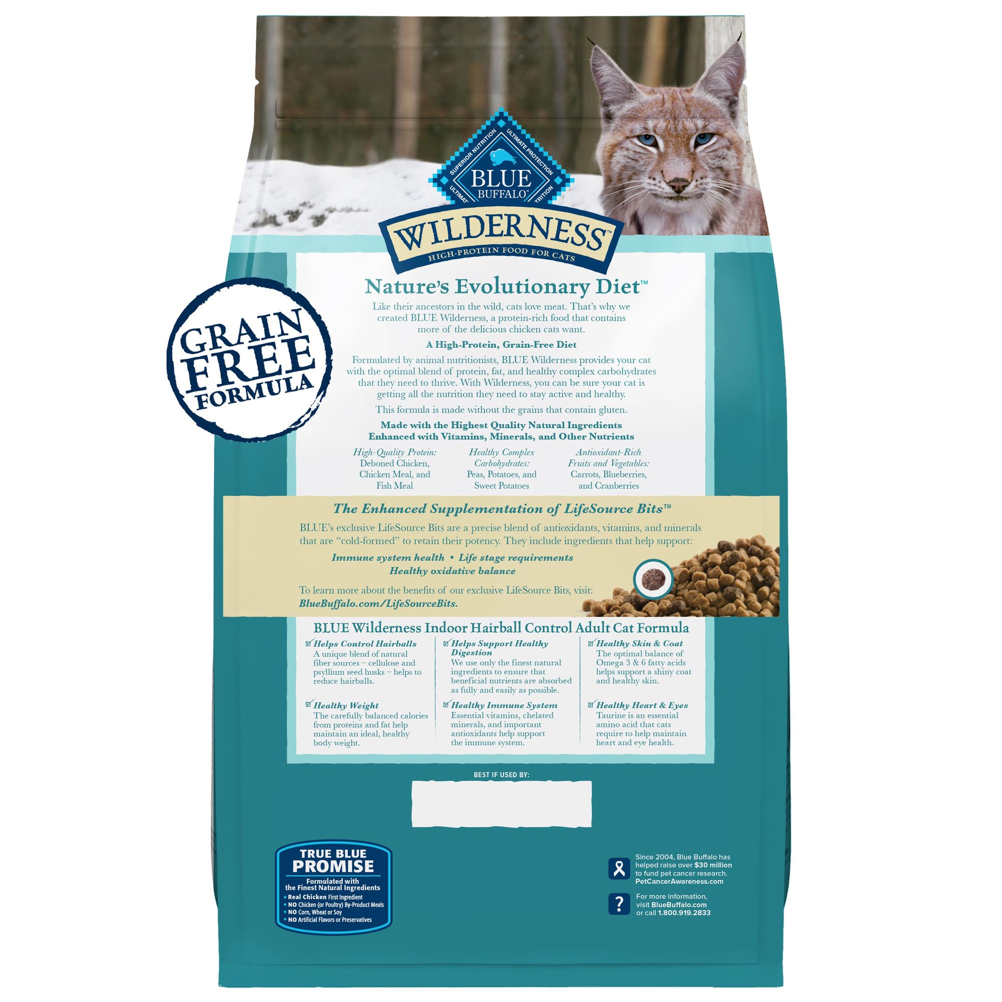 Blue Buffalo Wilderness High-Protein, Grain-Free Natural Dry Food for Adult Cats, Indoor Hairball Control, Chicken, 11-lb. Bag