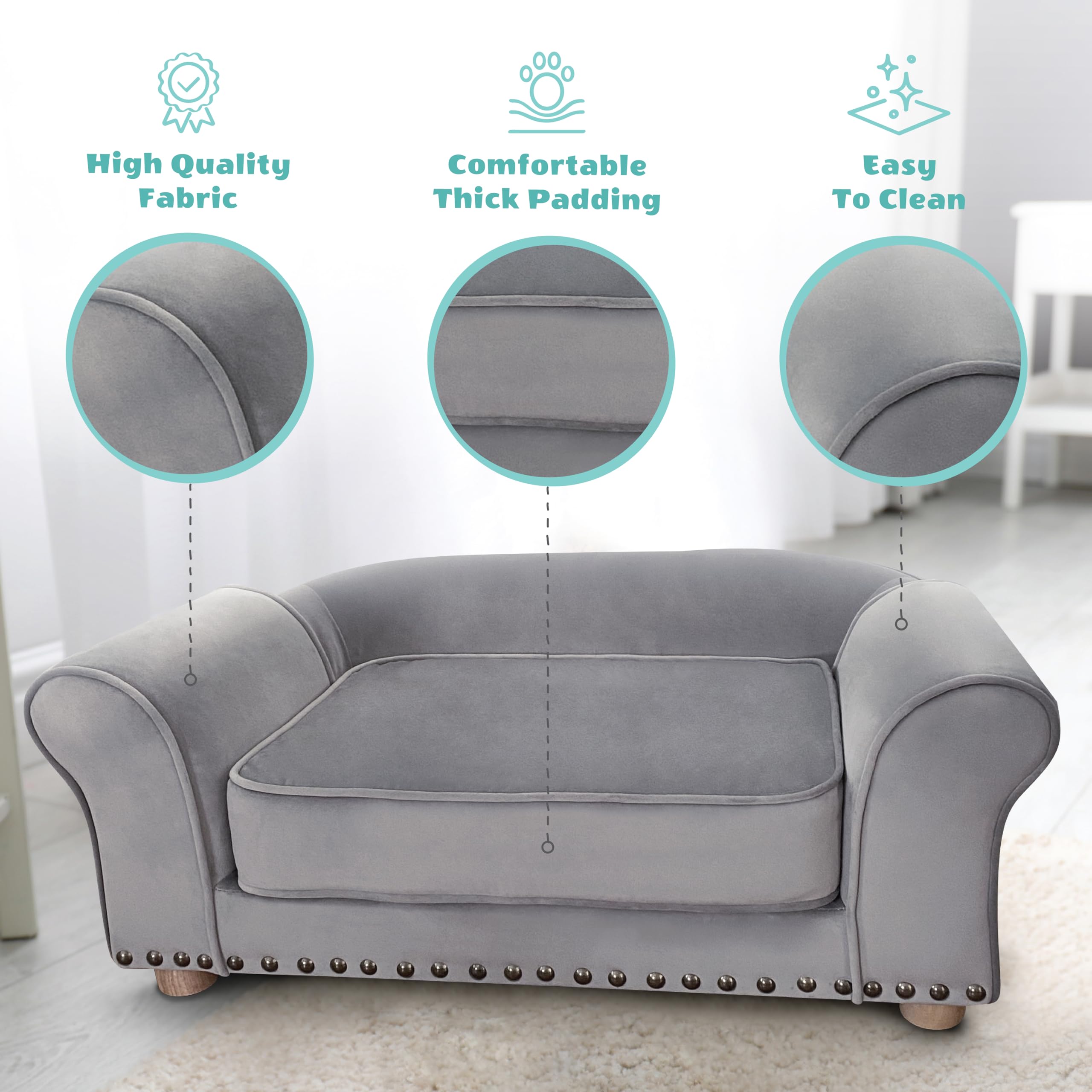 Critter Sitters 34-in. Faux Velvet Pet Bed Sofa in Dark Gray for Medium-Sized Dogs and Cats, Durable Indoor Pet Furniture for Be