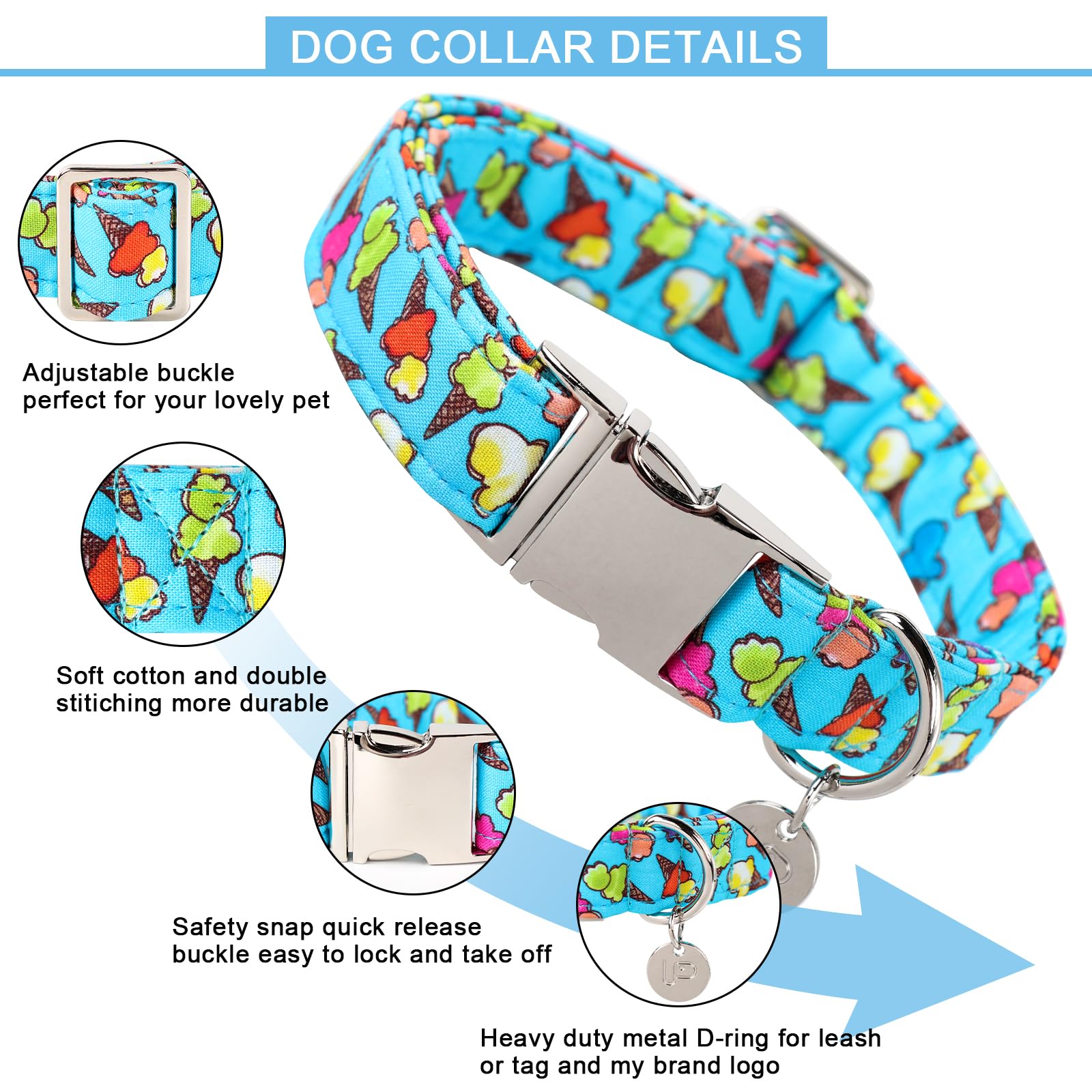 Up Urara Pup Ice Cream Summer Cotton Dog Collar With Metal Buckle Gift Collar For Small Medium Large Girls Or Boys Dogs Cute Dur