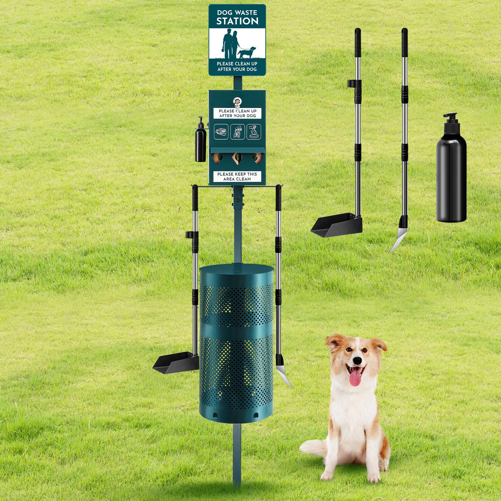 Qinyoung Dog Waste Station Outdoor Dog Poop Trash Can With Poop Bag Dispenser Shovel Dustpan Hand Sanitizer Bottle Rust Proof Bi