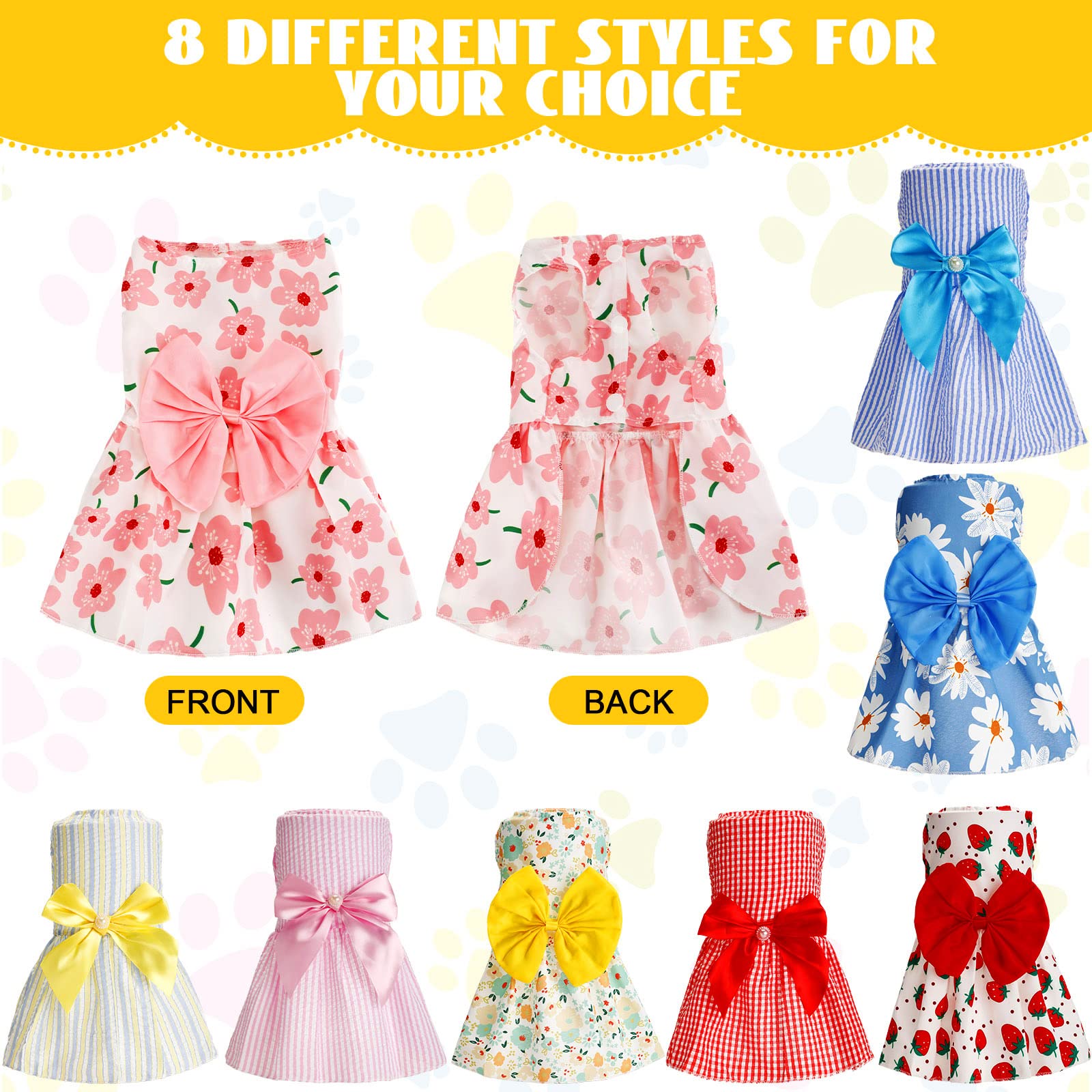 Sanwuta 8 Pieces Dog Bowknot Dresses Puppy Clothes Outfits Princess Dresses Soft Lightweight Summer Fruit Floral Pattern Pet Ski
