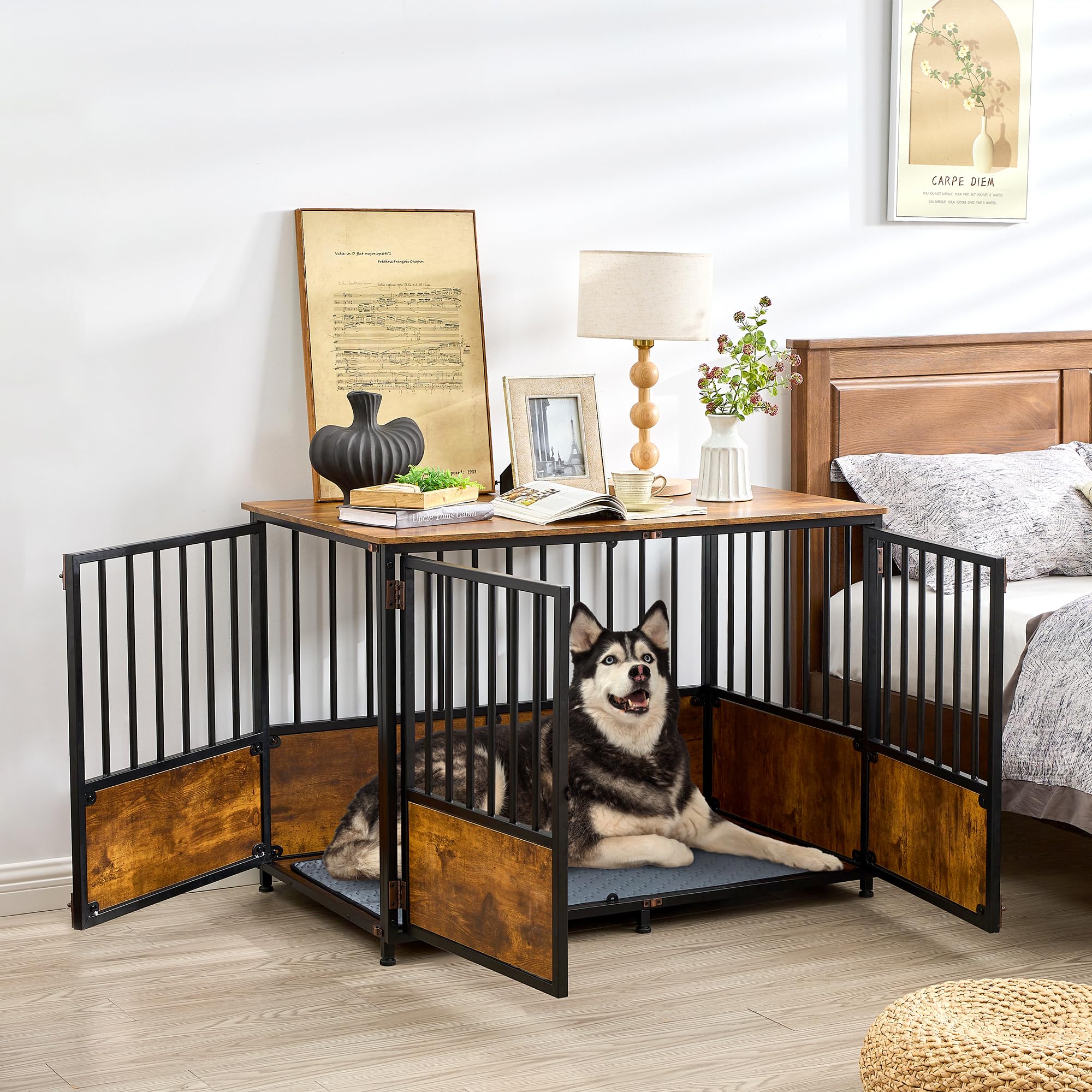 KOOPRO Wooden Dog Crate Furniture 43.7" with Cushion, Rustic Brown, Heavy Duty Indoor Kennel, Model KO240601-00XL-01