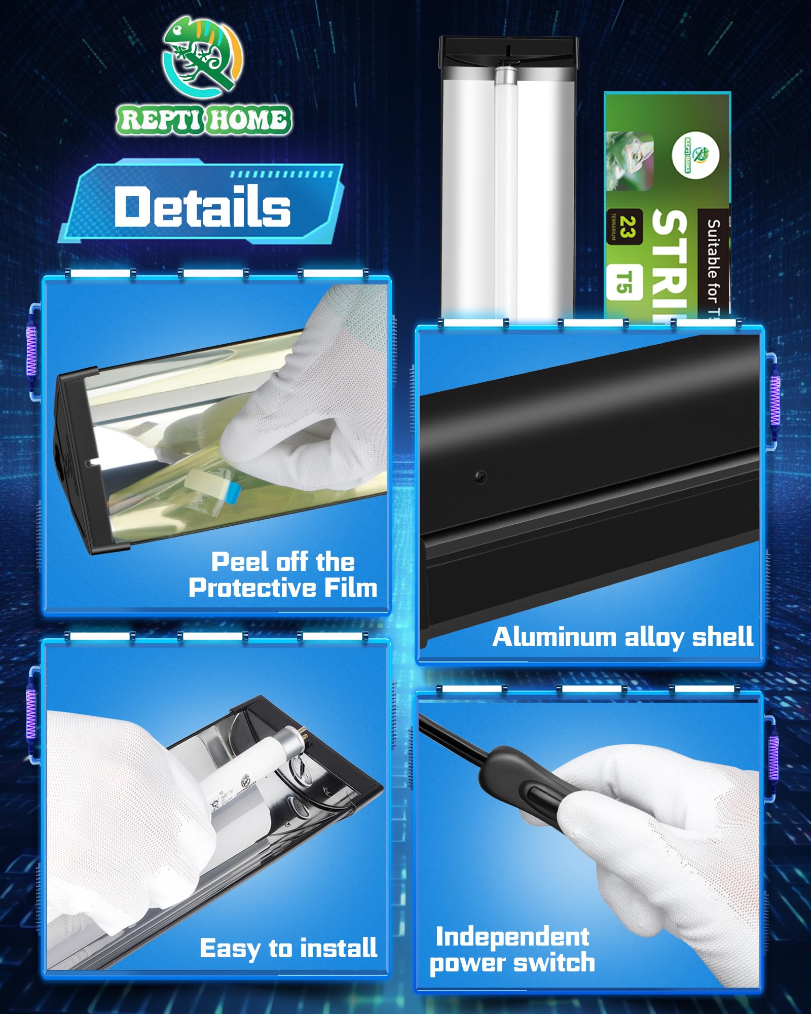 Repti Home T5 Uva Uvb Reptile Light Combo Kit(100V-250V Wide Voltage), Reptile Light Fixture With Uvb 10.0 Fluorescent Tube, 24W