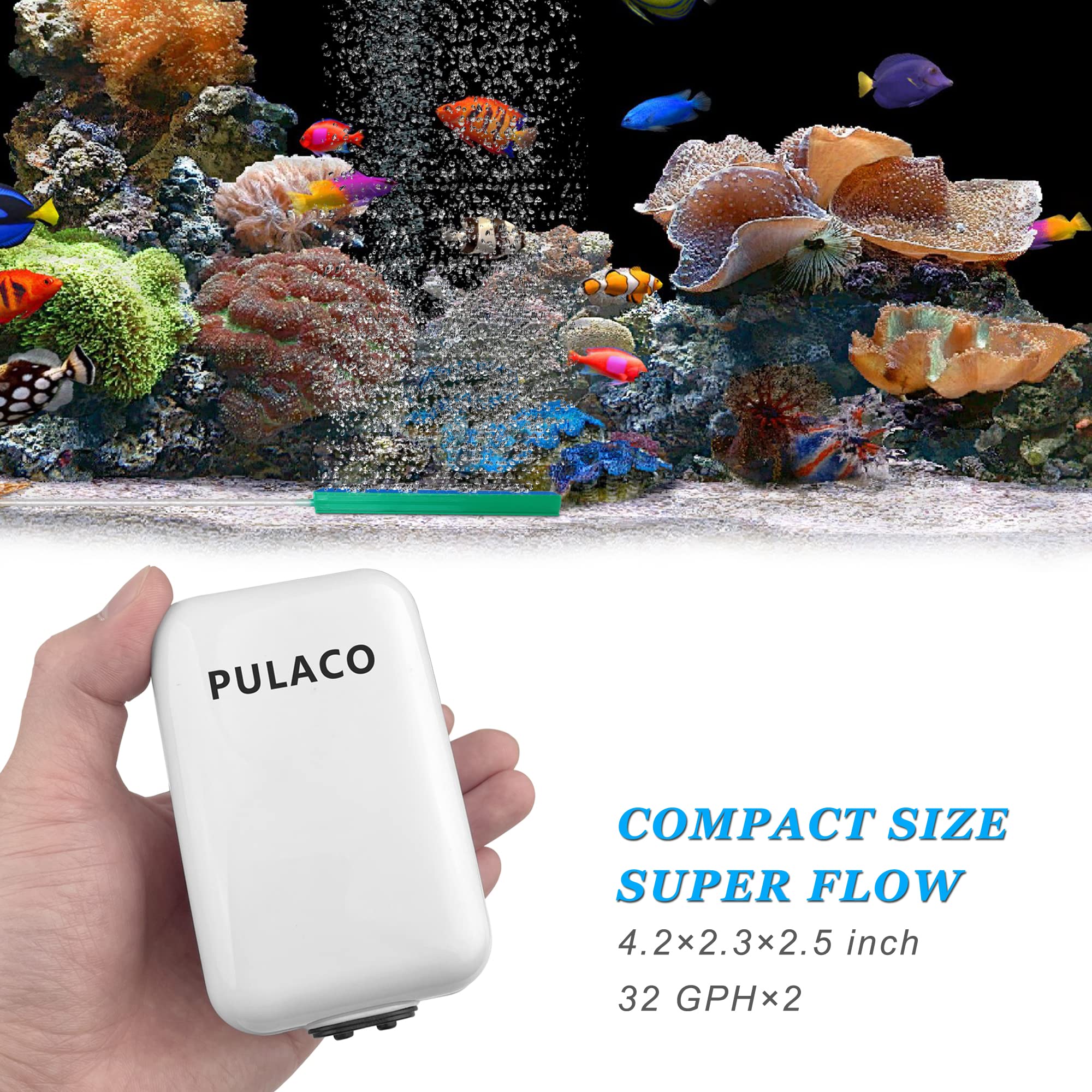 PULACO Dual Outlet Aquarium Air Pump - Quiet Oxygen Pump for 10-100 Gallon Tanks with Accessories, White