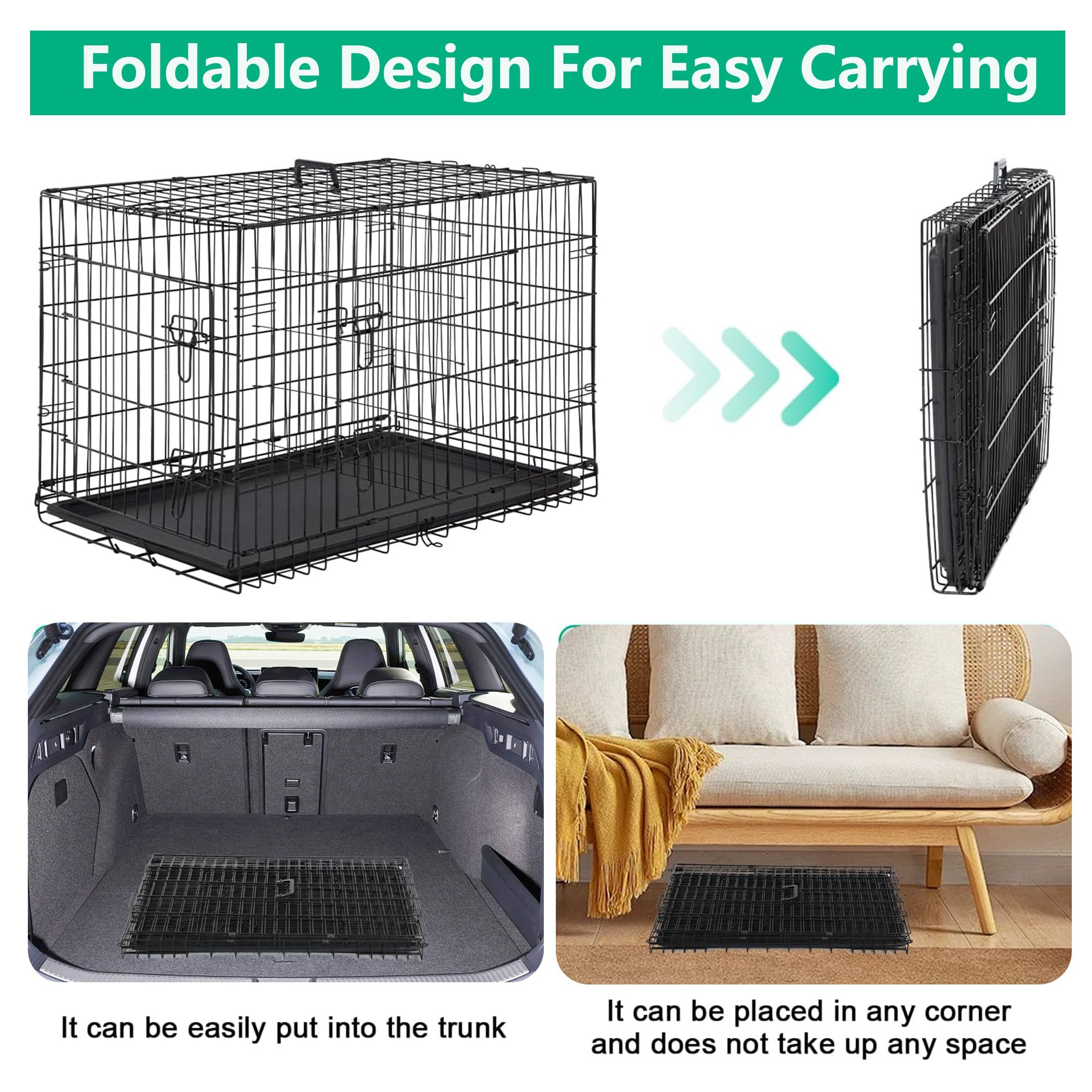 FDW XL Dog Crate Dog Kennel Cage with Double Door,42 inch Folding Metal Wire Dog Cage with Removable Tray&Divider Panel,Pet Crat