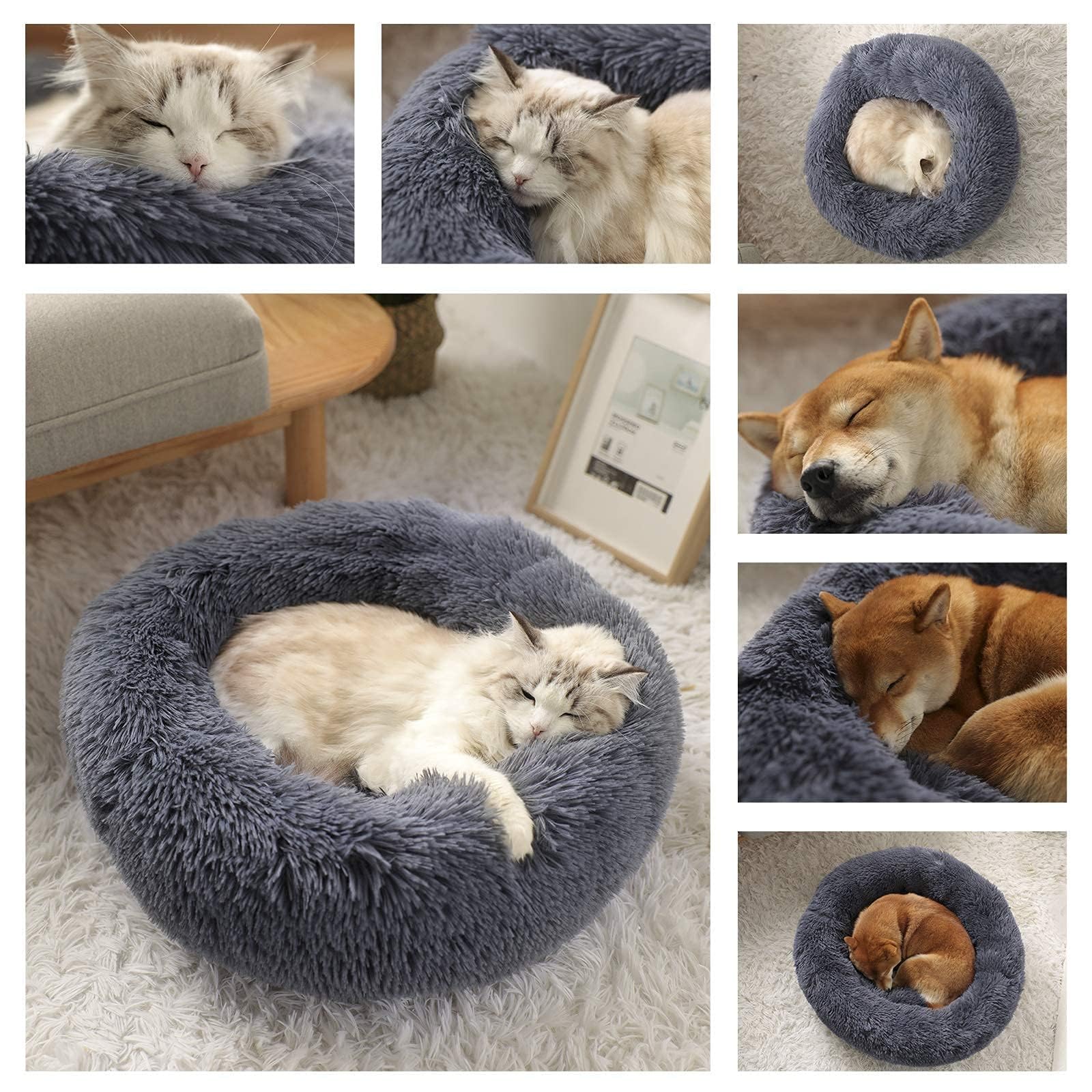 Calming Dog Bed For Medium And Large Dogs - Round Donut Washable Anti-Slip Faux Fur Fluffy Cuddle Anxiety Cat Bed (36'' Dark Gre