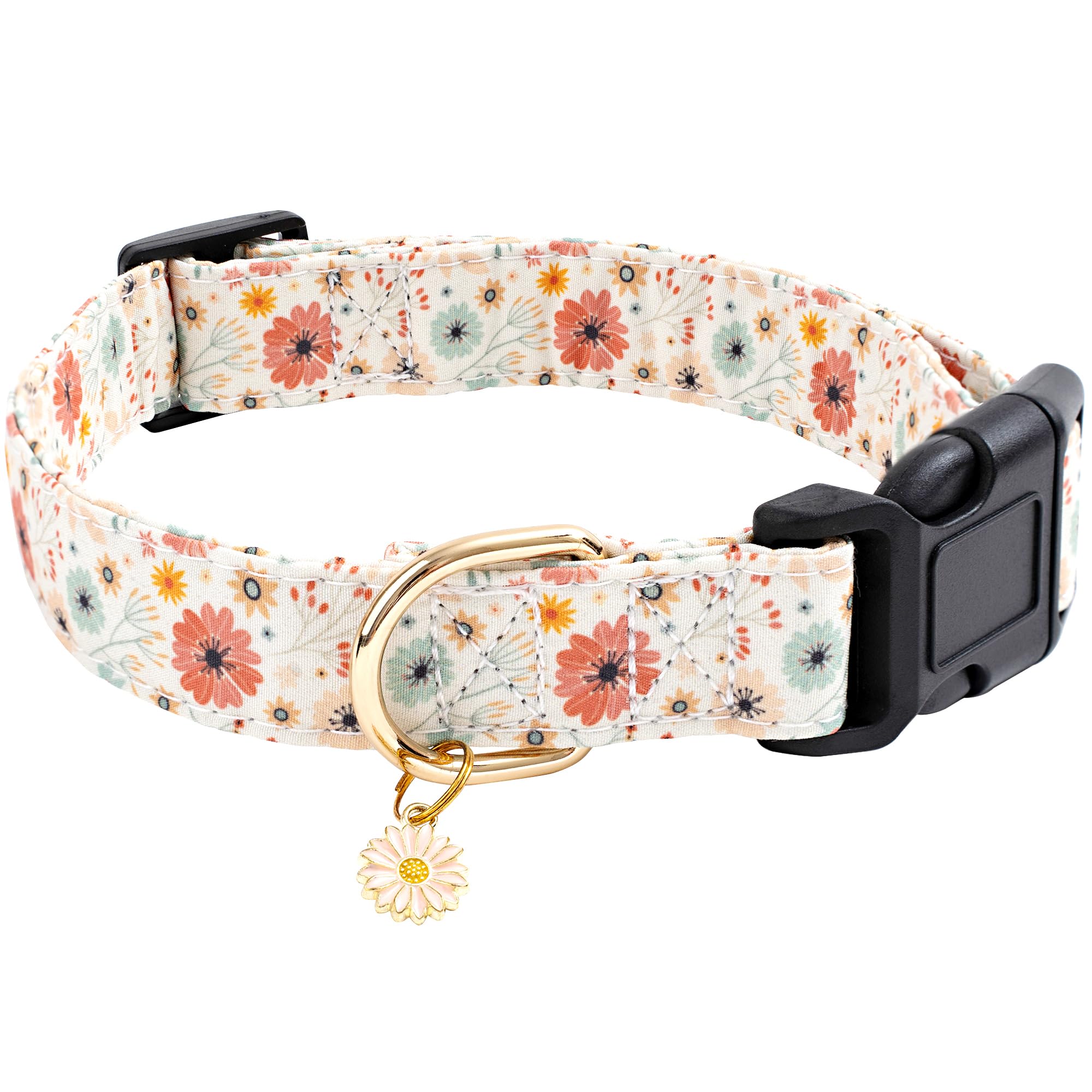 Faygarsle Cotton Designer Dog Collar with Flower Charms, Size S, Beige for Small to Large Dogs