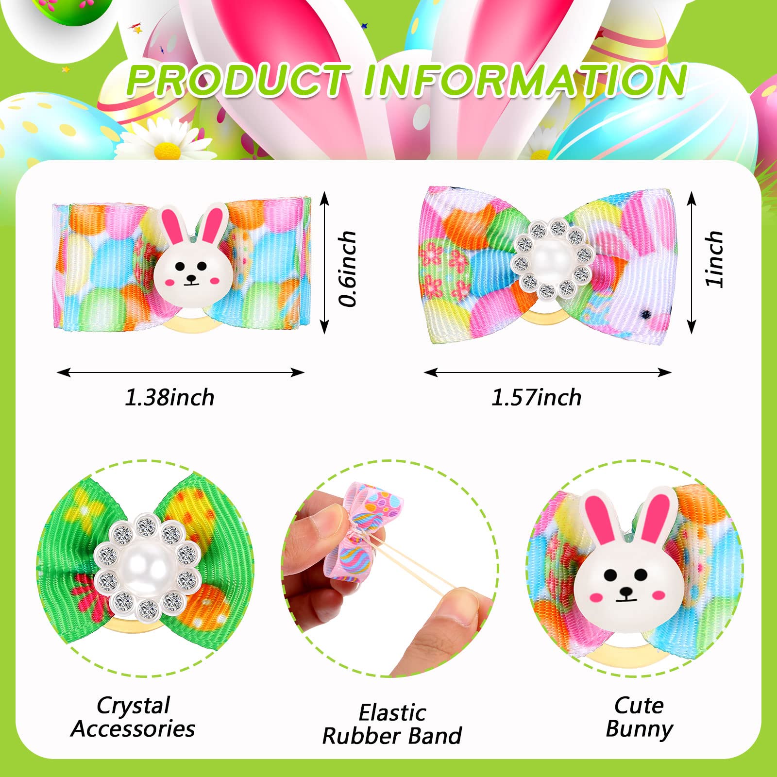 Waydress 40 Pieces Easter Dog Bows Rabbit Bunny Egg Hair Bowknot Pet Easter Bows With Rubber Bands Puppy Easter Rhinestone Bows