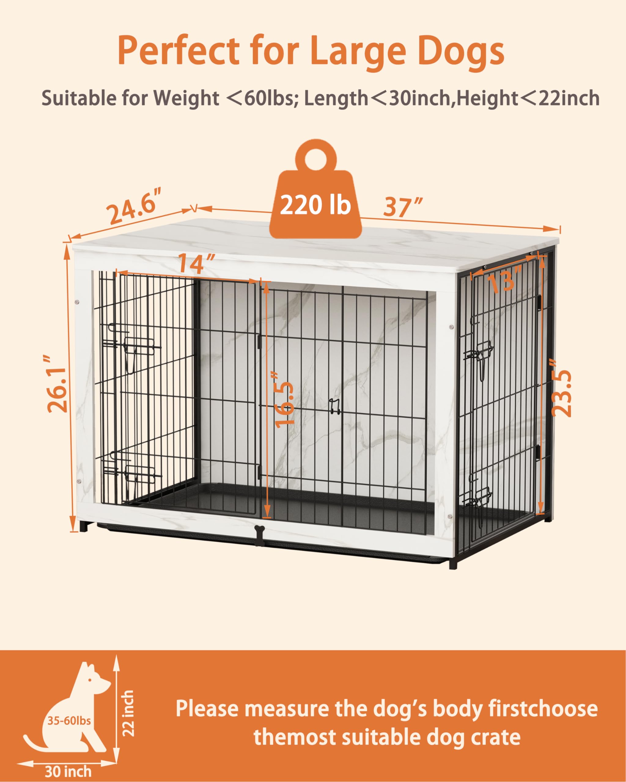 Megidok Wooden Dog Crate Furniture, Marble White End Table with Tray, Double Doors, 37"L x 25"W x 26"H, Model BBDD