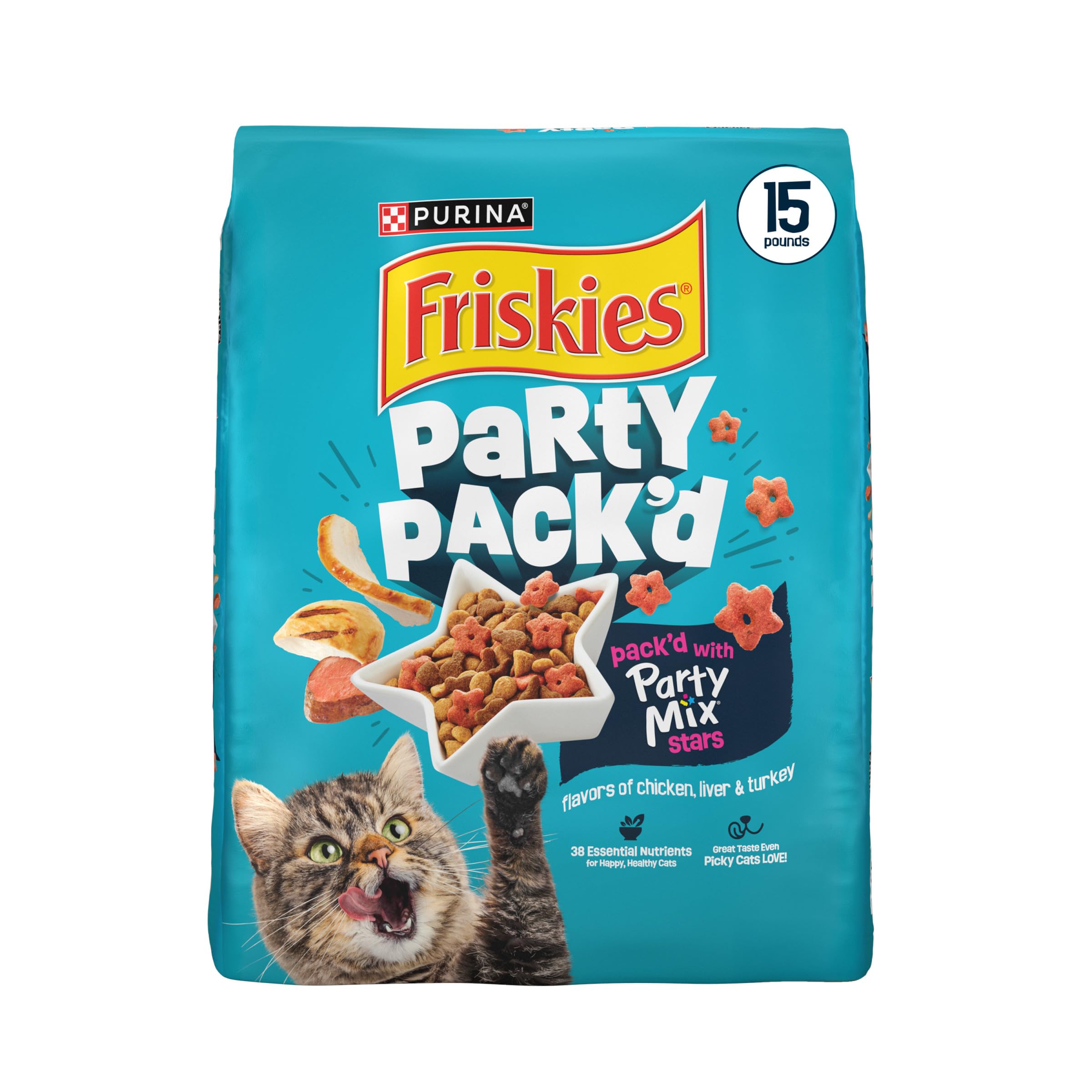 Purina Friskies Party  Packd  with  Flavors of  Chicken,  Liver and Turkey Crunchy  Dry  Cat Food - 15 lb. Bag